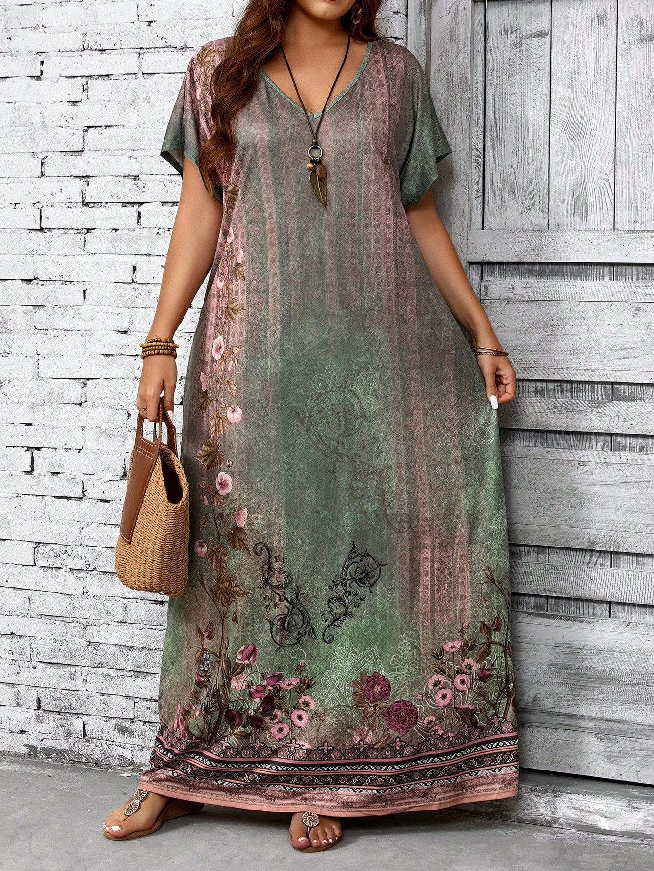 EMERY ROSE Plus Size Women Green Floral Print Dress