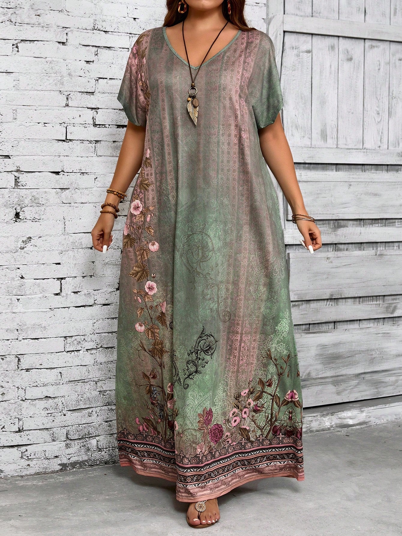 EMERY ROSE Plus Size Women Green Floral Print Dress