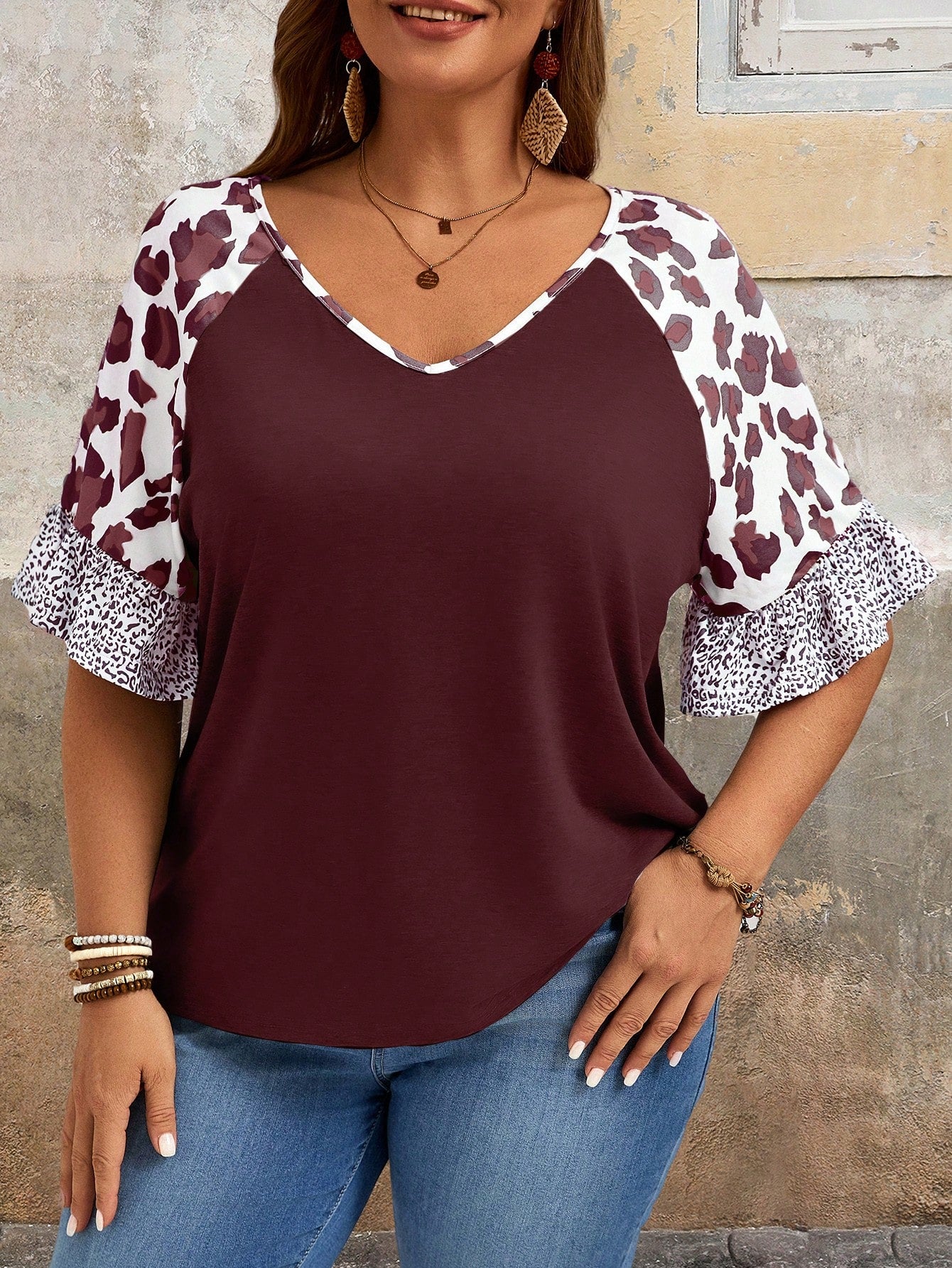 EMERY ROSE Plus Size Summer Casual Leopard Print Patchwork T-Shirt