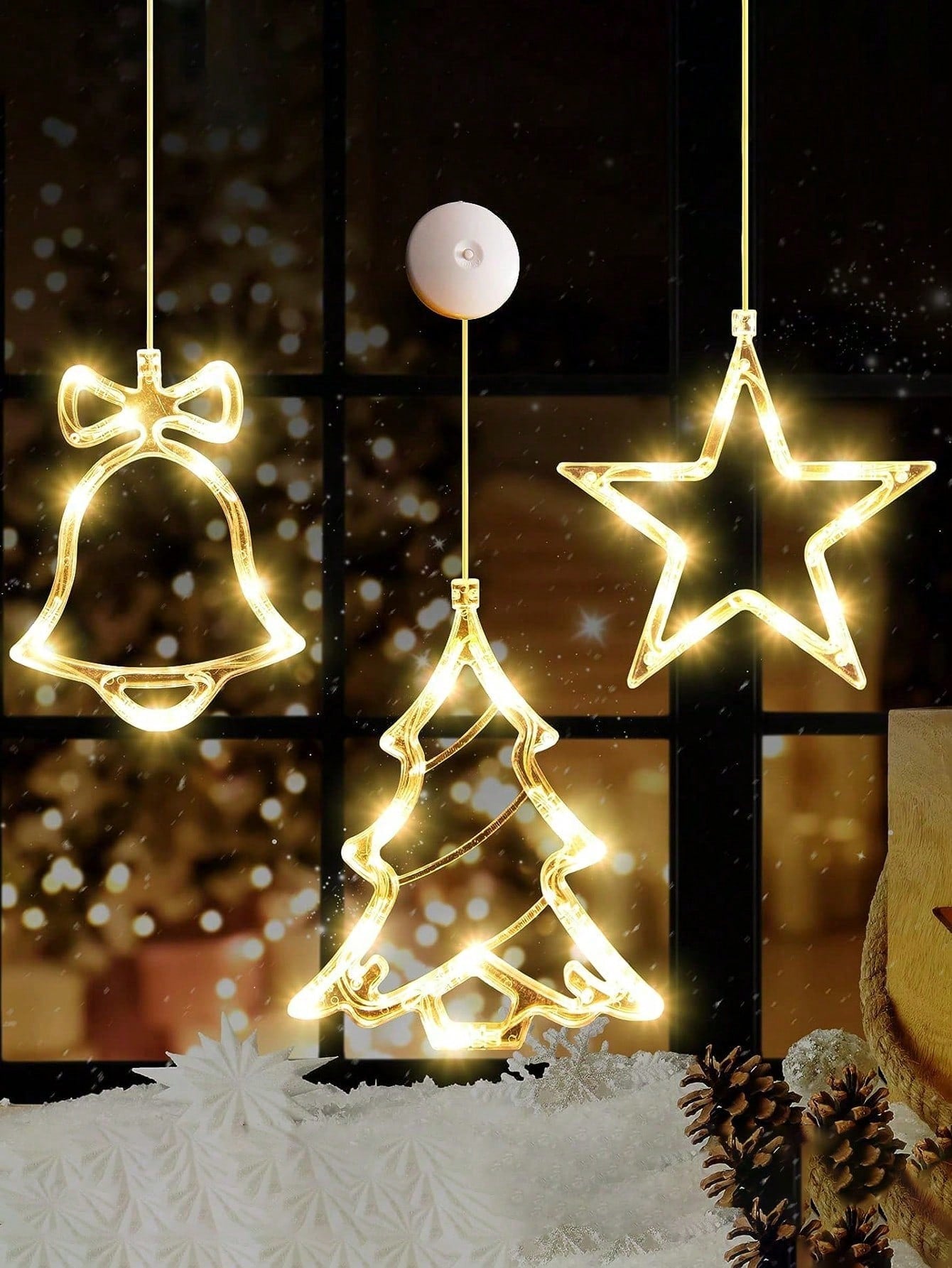 1pc/3pcs-Warm Yellow Light Christmas Window Light Christmas Decoration LED Suction Cup Light Christmas Decoration Christmas Bell, Christmas Tree, Star LED Suction Cup Light 7.8*6.3in Battery Powered Indoor Outdoor Decoration Christmas Tree Fireplace Wind