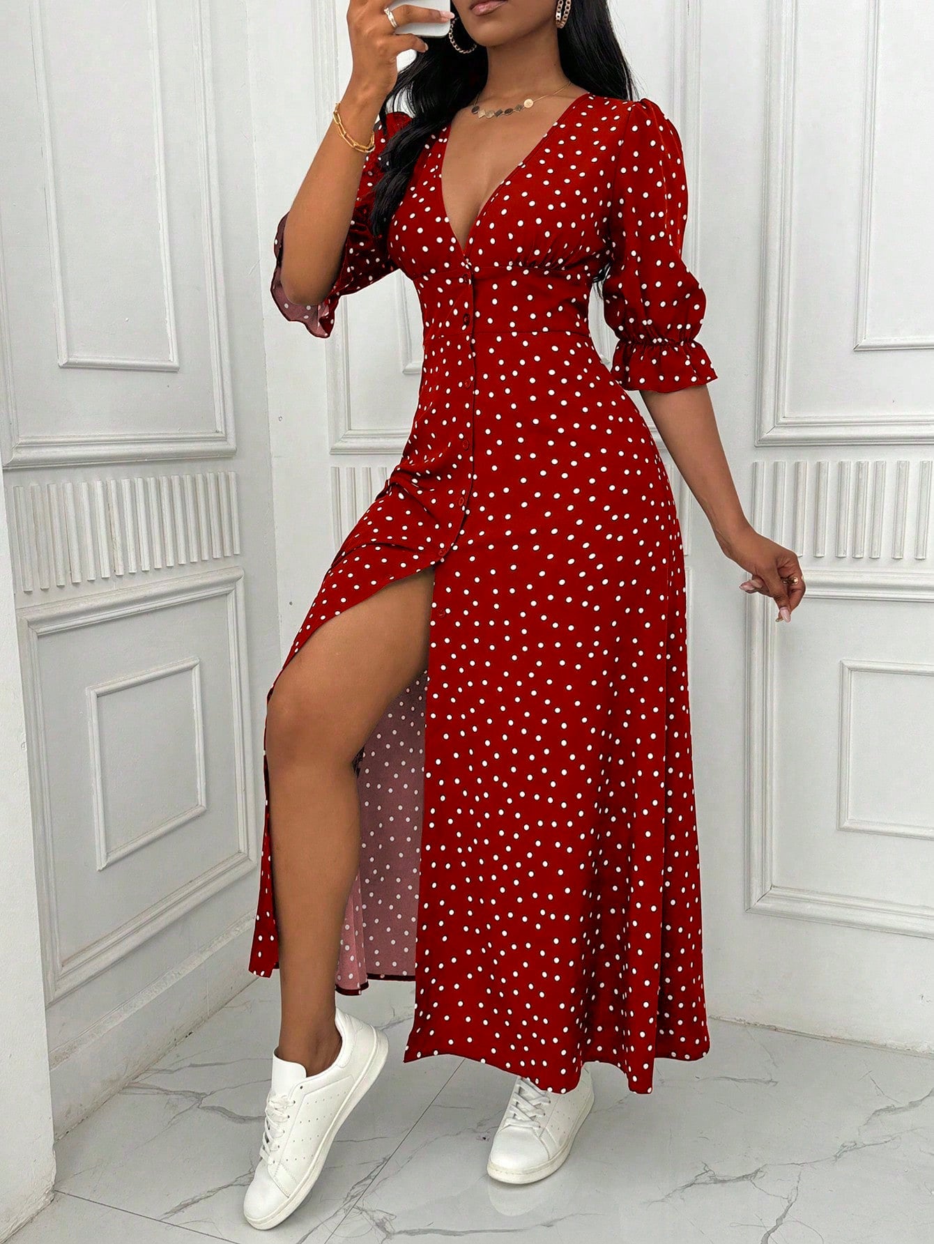 Lyxana Women's V-Neck Half Sleeve Polka Dot Print Split Design Dress For New Year Clothes Maxi Women Outfit