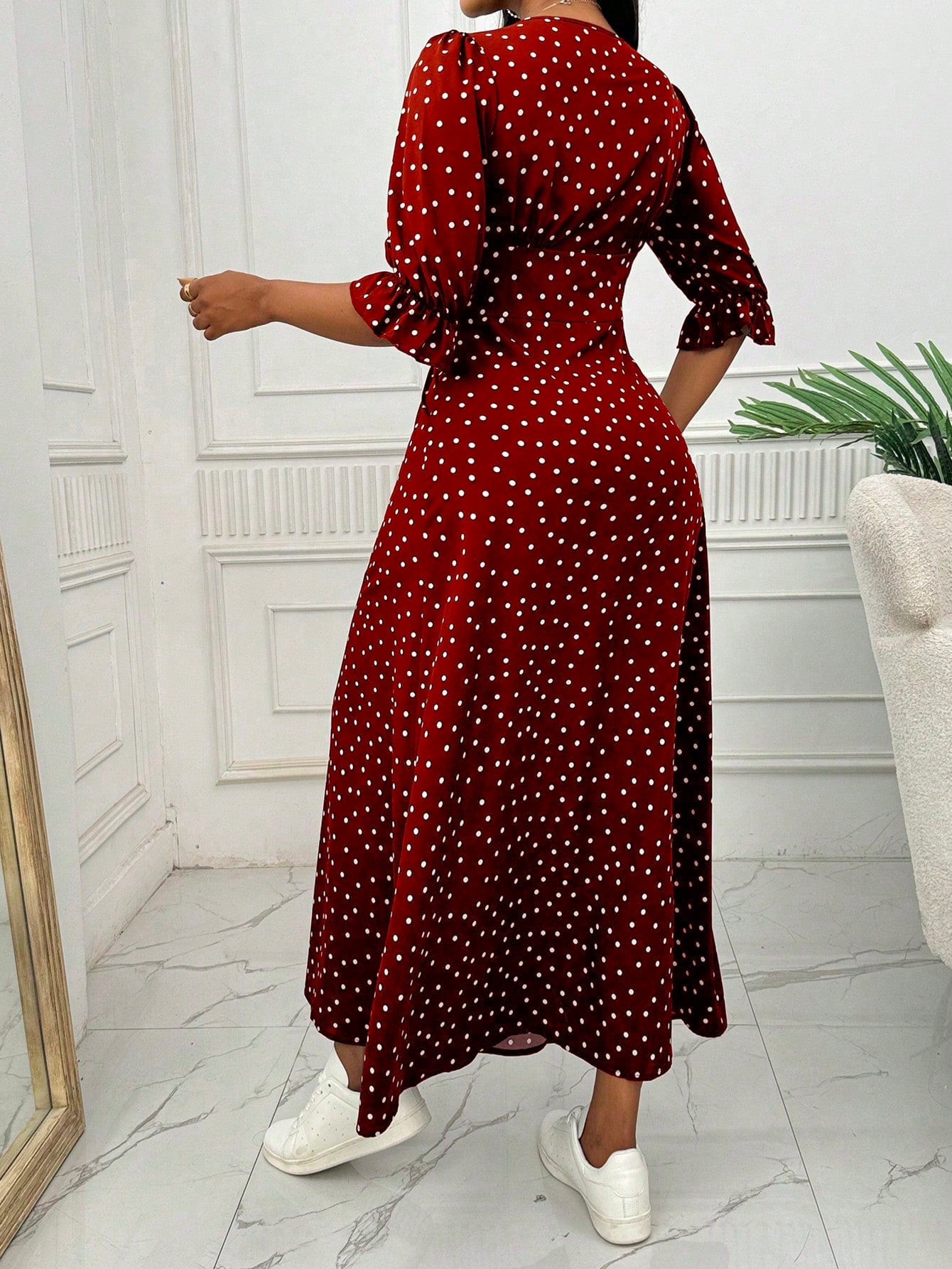 Lyxana Women's V-Neck Half Sleeve Polka Dot Print Split Design Dress For New Year Clothes Maxi Women Outfit