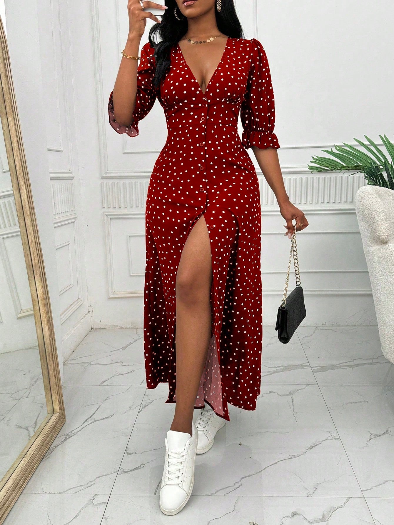 Lyxana Women's V-Neck Half Sleeve Polka Dot Print Split Design Dress For New Year Clothes Maxi Women Outfit