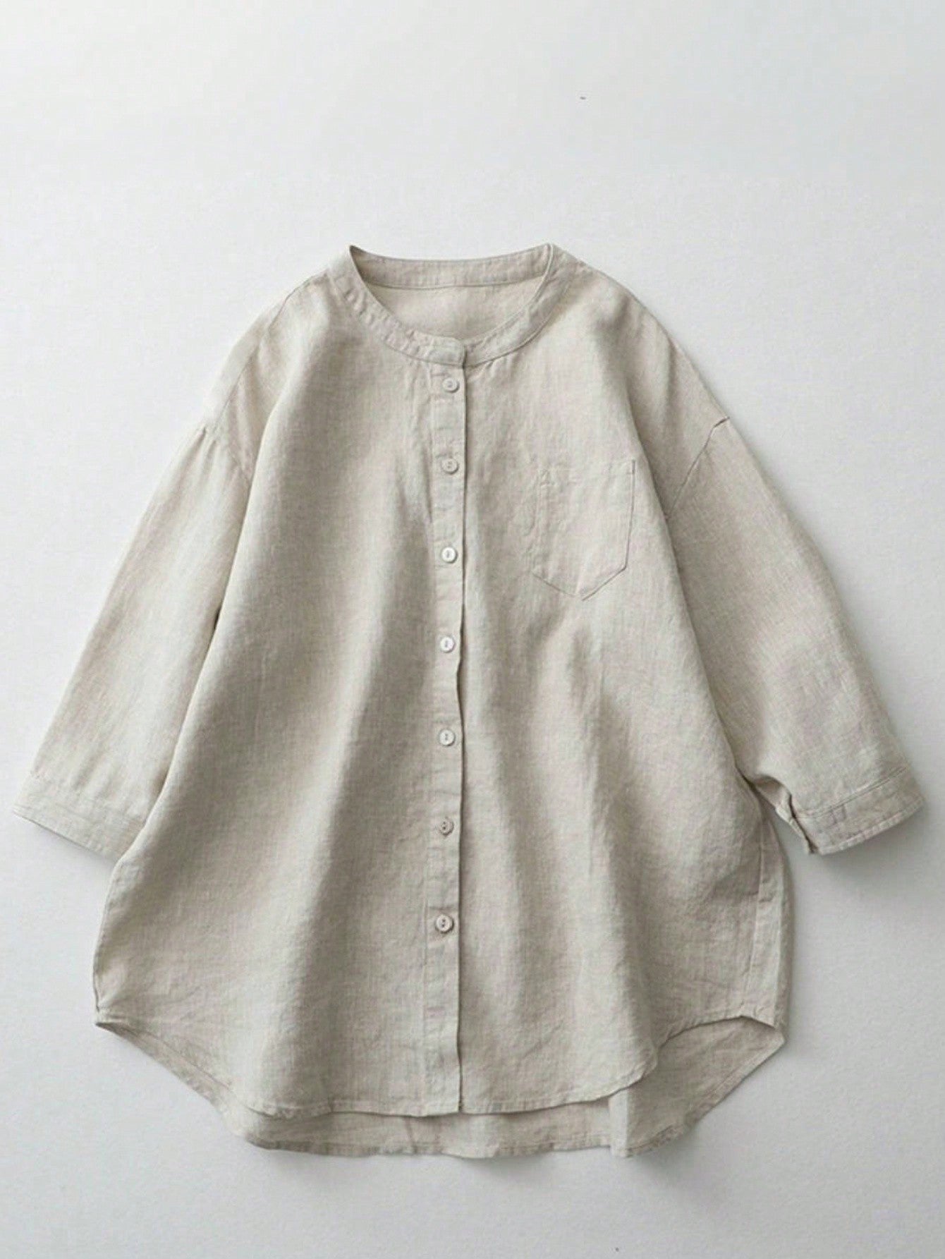 Women Casual Comfortable Long Sleeve Linen Round Neck Button Shirt