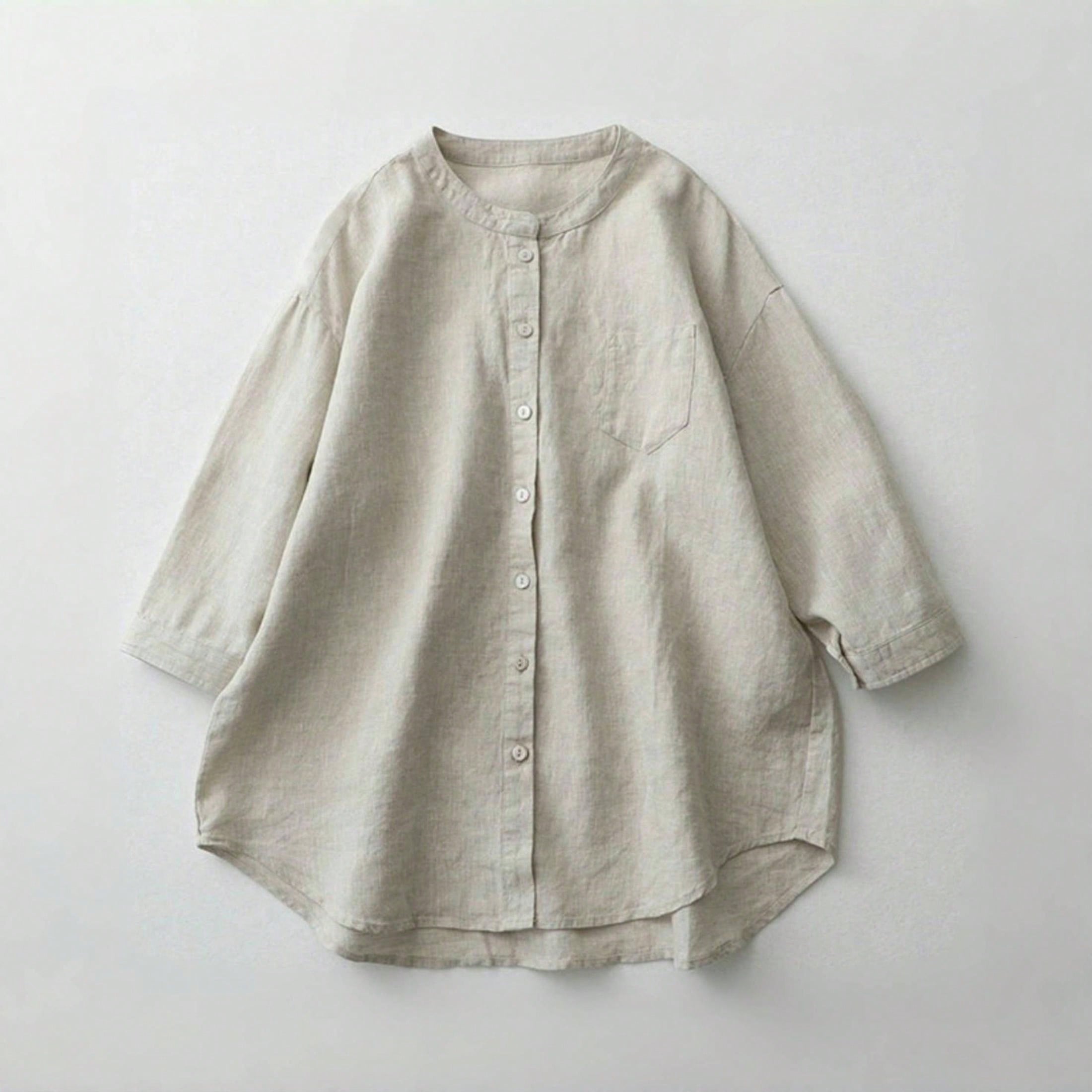 Women Casual Comfortable Long Sleeve Linen Round Neck Button Shirt