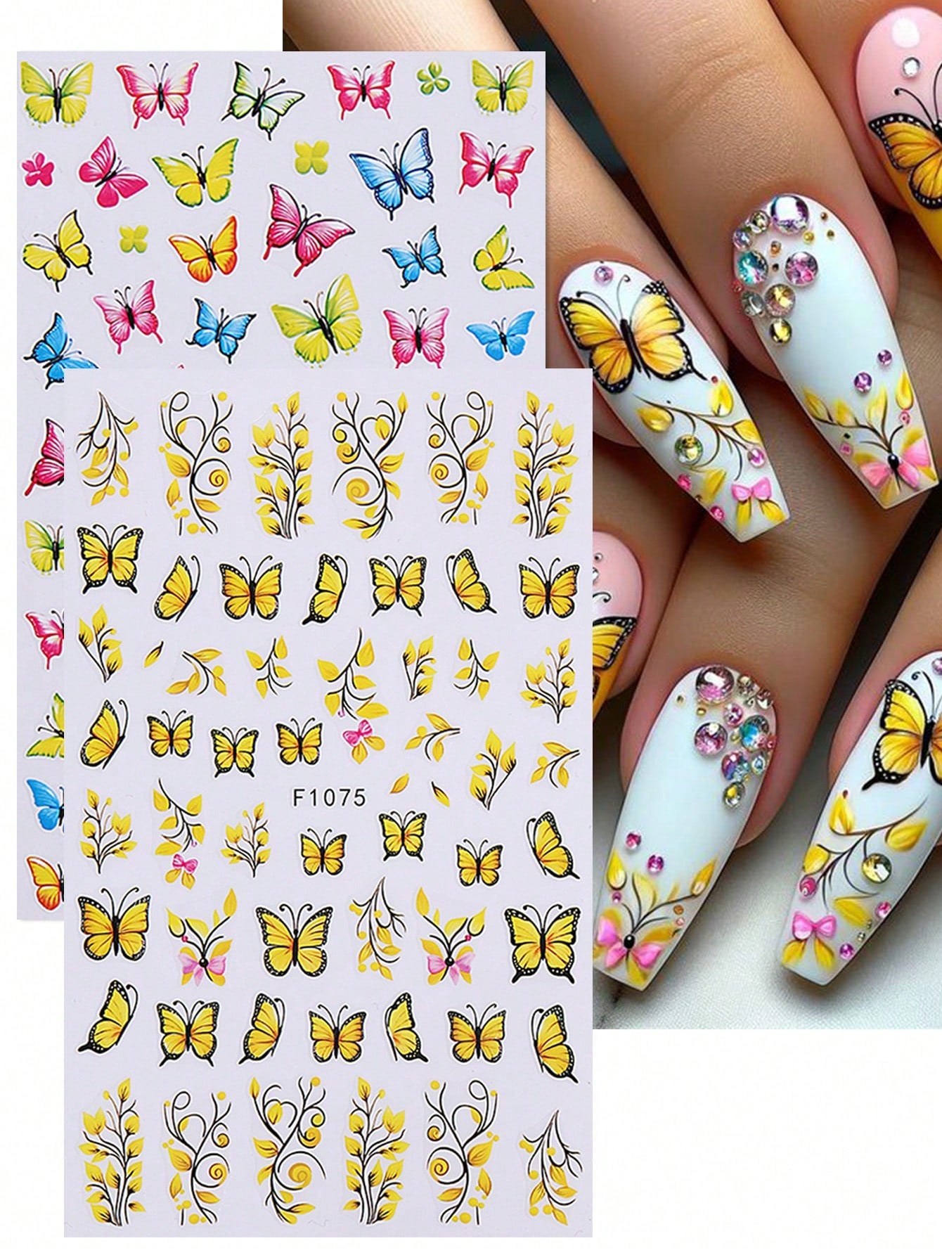 4pcs Yellow Flower Butterfly Nail Art Stickers 3D Butterfly Bee Flowers Vine Design Nail Decal Self Adhesive Design Elegant Sticker DIY Manicure Decoration For Women Girl