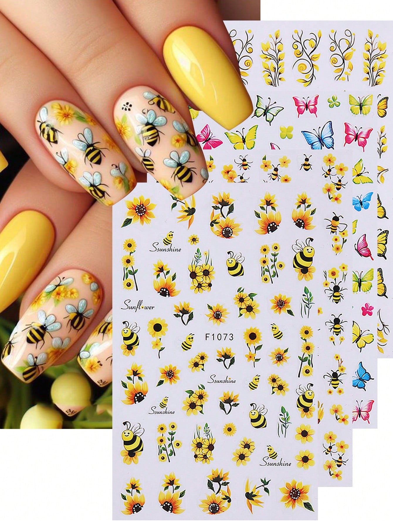 4pcs Yellow Flower Butterfly Nail Art Stickers 3D Butterfly Bee Flowers Vine Design Nail Decal Self Adhesive Design Elegant Sticker DIY Manicure Decoration For Women Girl