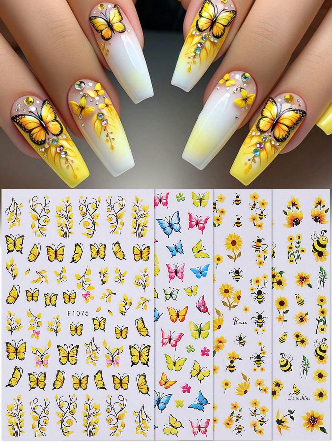 4pcs Yellow Flower Butterfly Nail Art Stickers 3D Butterfly Bee Flowers Vine Design Nail Decal Self Adhesive Design Elegant Sticker DIY Manicure Decoration For Women Girl