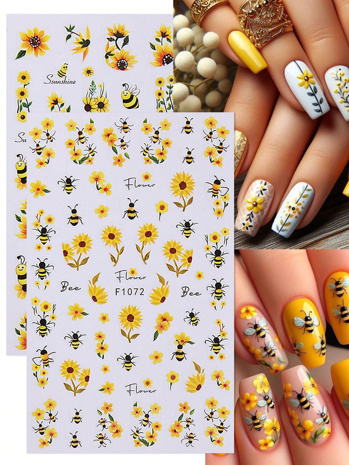 4pcs Yellow Flower Butterfly Nail Art Stickers 3D Butterfly Bee Flowers Vine Design Nail Decal Self Adhesive Design Elegant Sticker DIY Manicure Decoration For Women Girl