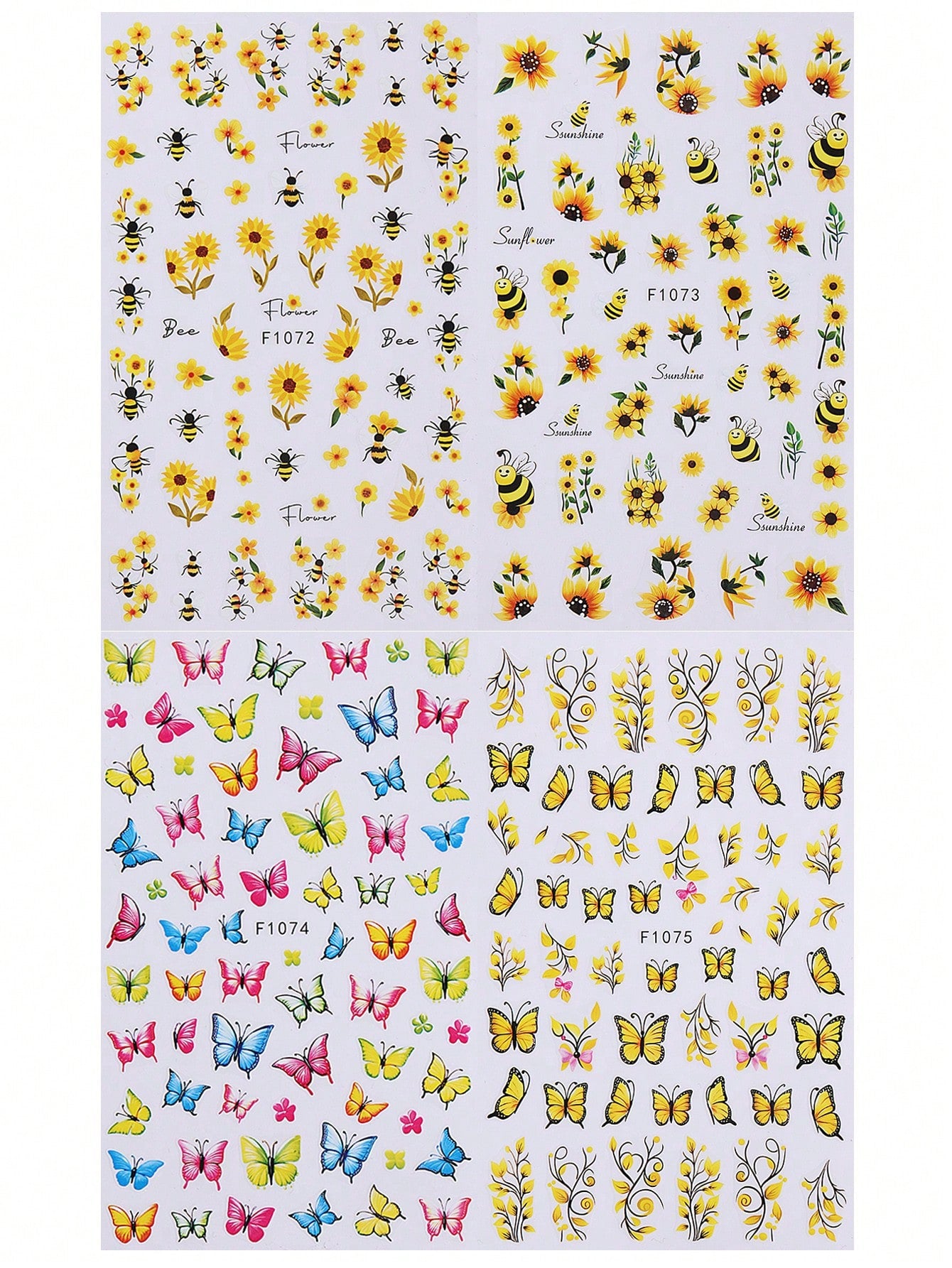 4pcs Yellow Flower Butterfly Nail Art Stickers 3D Butterfly Bee Flowers Vine Design Nail Decal Self Adhesive Design Elegant Sticker DIY Manicure Decoration For Women Girl