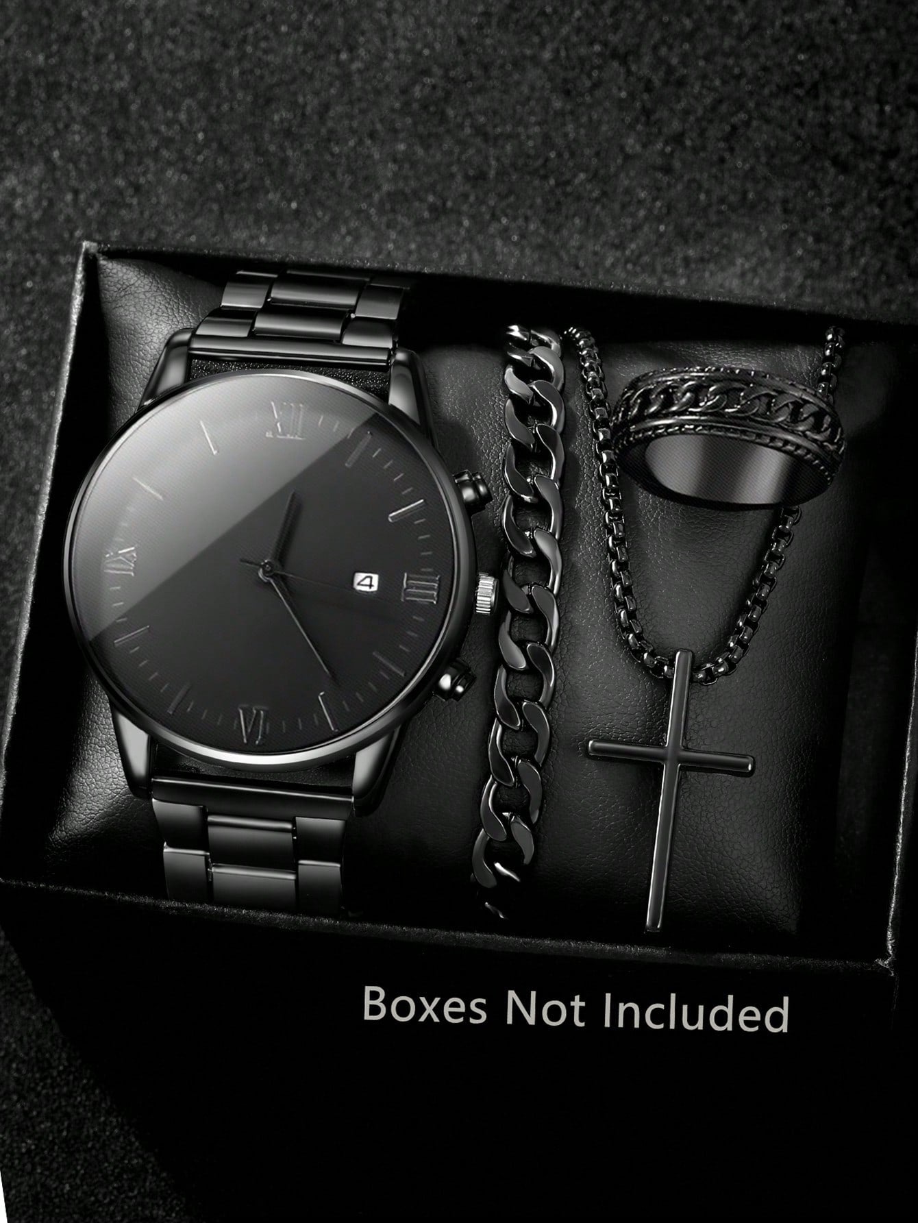 Fashionable 4pcs Men's Quartz Watch Set With Calendar Function Black Zinc Alloy Case & Bracelet, Round Dial, Electronic Drive & Pointer Display, Including Pendant Necklace & Bracelet,Ring Ideal Birthday Gift For Him (No Box)