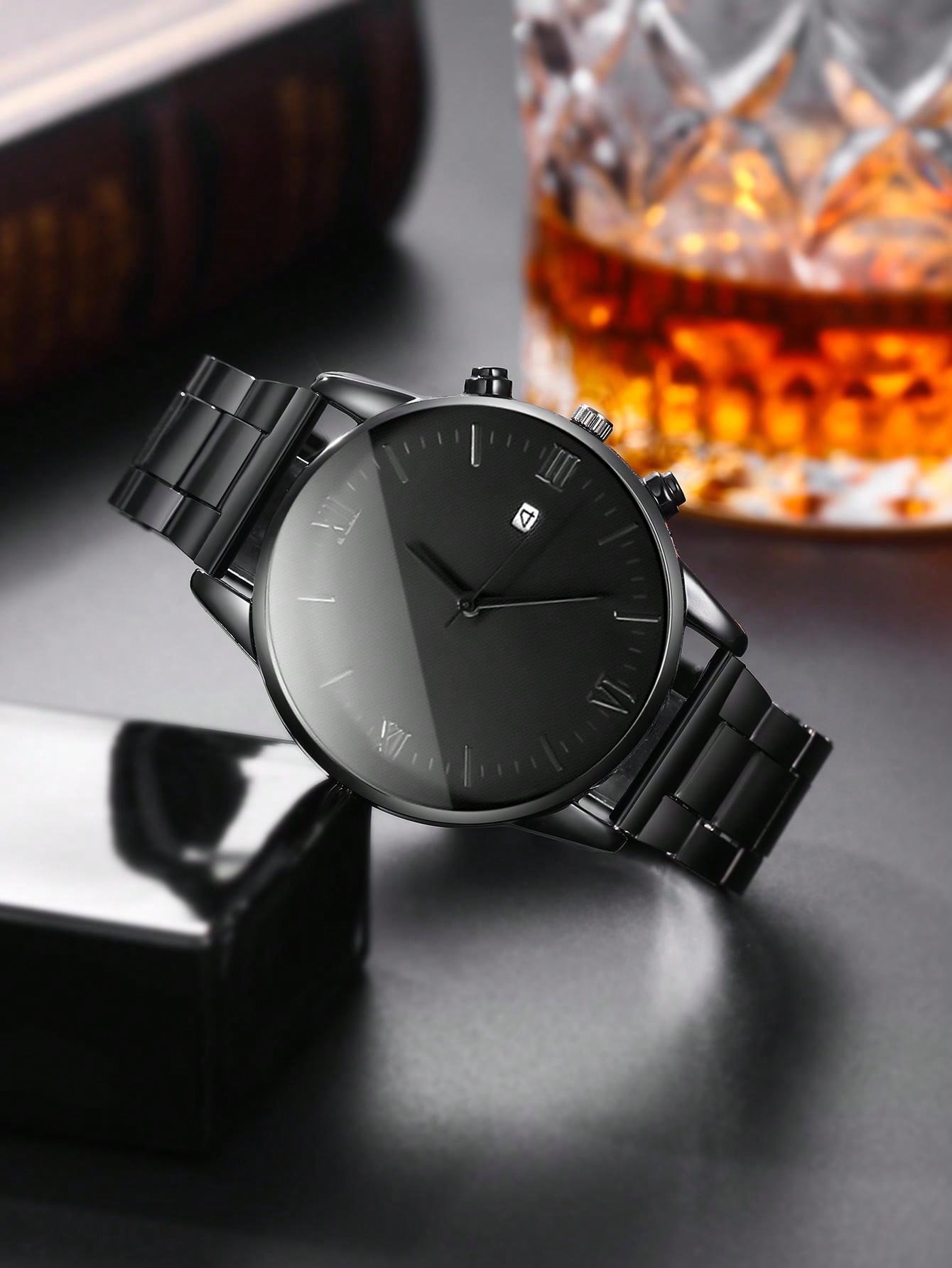 Fashionable 4pcs Men's Quartz Watch Set With Calendar Function Black Zinc Alloy Case & Bracelet, Round Dial, Electronic Drive & Pointer Display, Including Pendant Necklace & Bracelet,Ring Ideal Birthday Gift For Him (No Box)