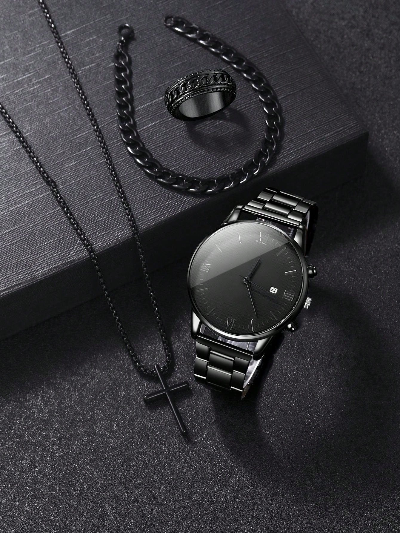 Fashionable 4pcs Men's Quartz Watch Set With Calendar Function Black Zinc Alloy Case & Bracelet, Round Dial, Electronic Drive & Pointer Display, Including Pendant Necklace & Bracelet,Ring Ideal Birthday Gift For Him (No Box)