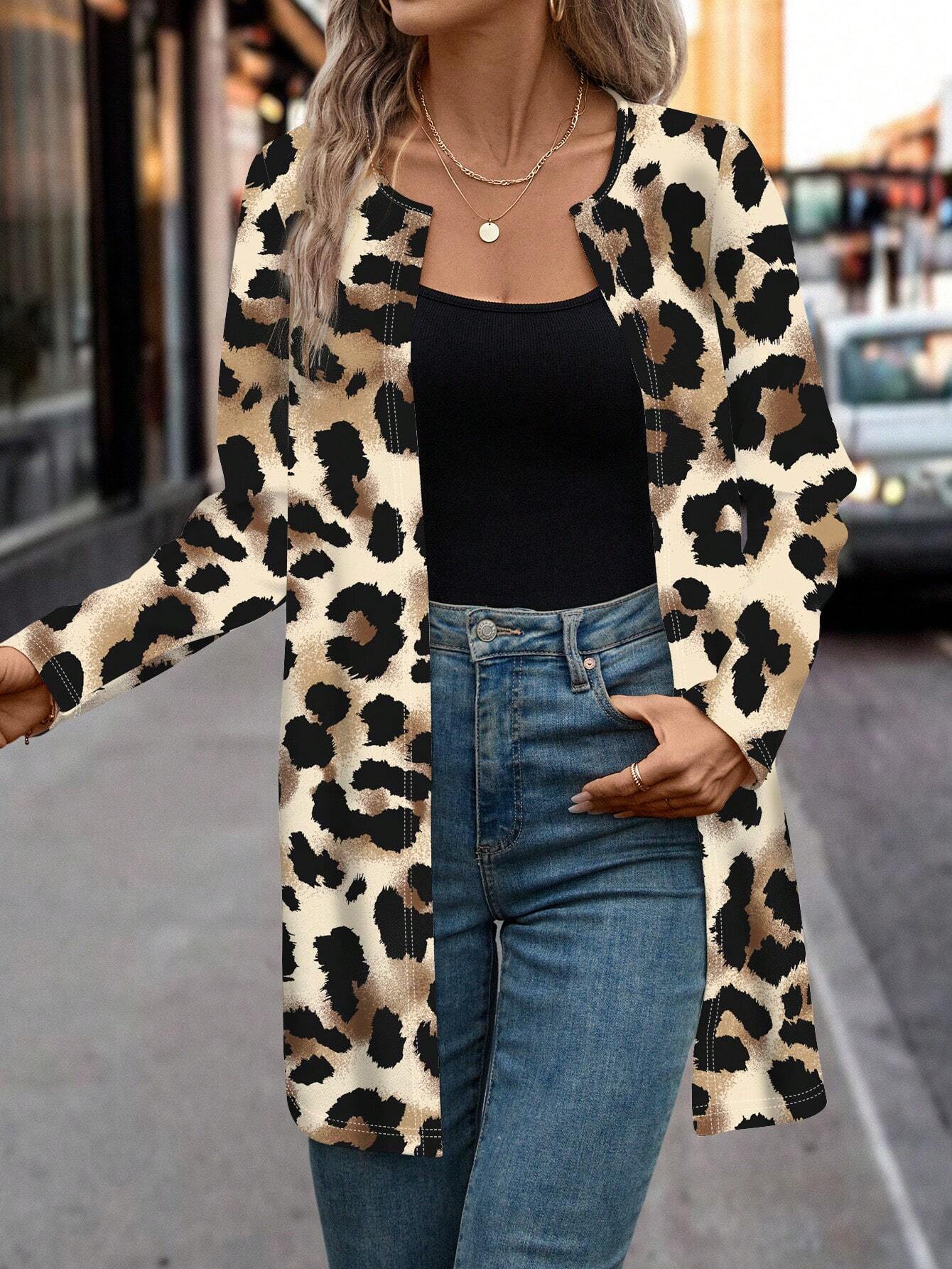 Clasi Leopard Print Loose Fit Cardigan Long Sleeve Women Regular Jacket, Suitable For Autumn