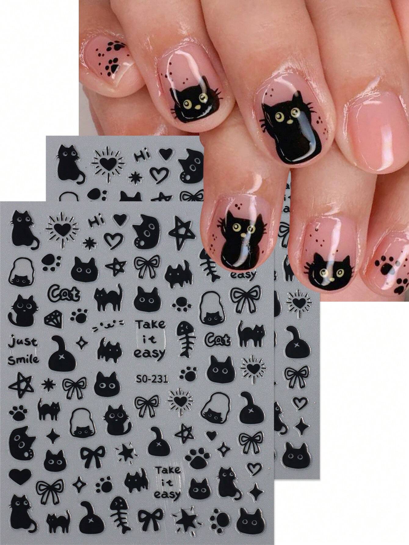 FULL BEAUTY 2pcs Cute Black Cat Nail Stickers 3D Cartoon Animal Self-Adhesive Nail Art Decals Sliders Decorations Manicure Accessories DIY