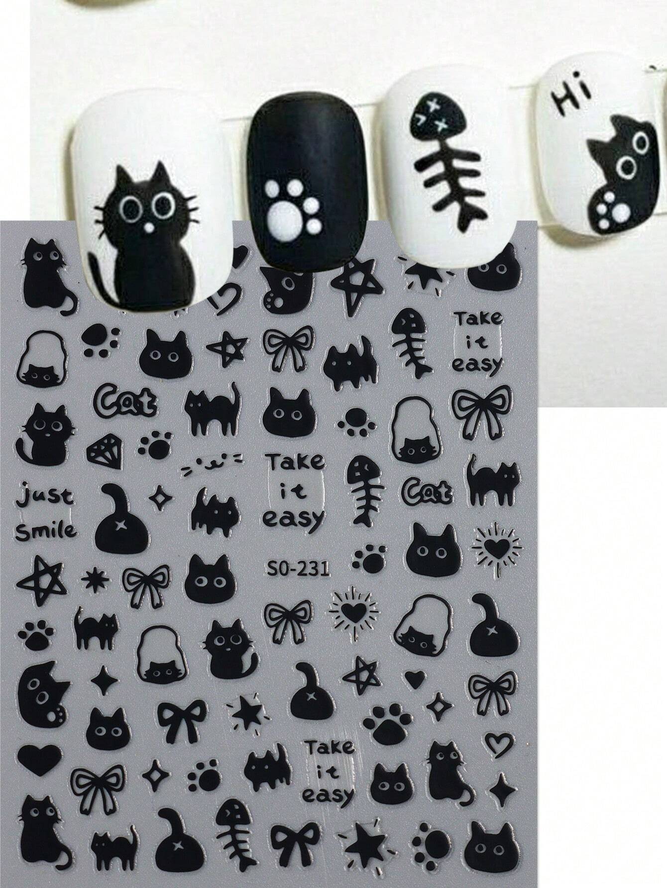 FULL BEAUTY 2pcs Cute Black Cat Nail Stickers 3D Cartoon Animal Self-Adhesive Nail Art Decals Sliders Decorations Manicure Accessories DIY