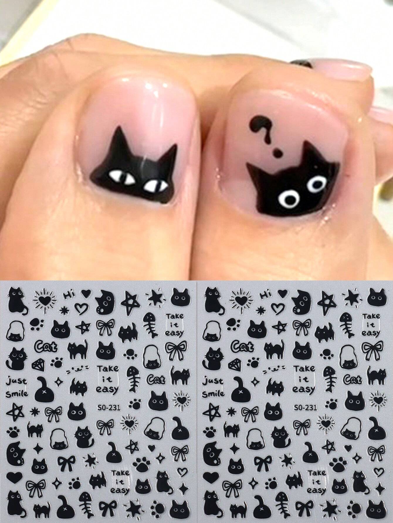 FULL BEAUTY 2pcs Cute Black Cat Nail Stickers 3D Cartoon Animal Self-Adhesive Nail Art Decals Sliders Decorations Manicure Accessories DIY