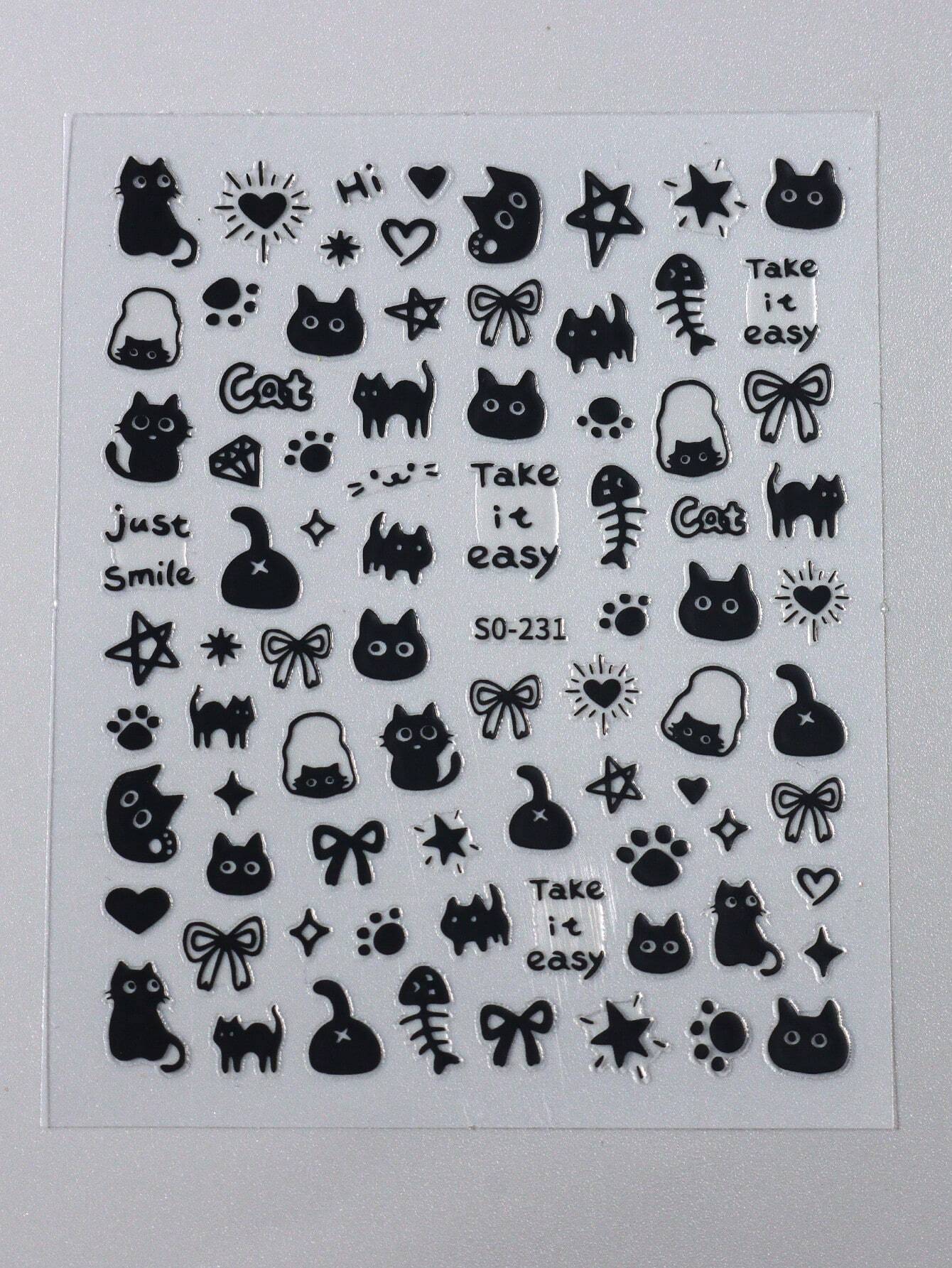 FULL BEAUTY 2pcs Cute Black Cat Nail Stickers 3D Cartoon Animal Self-Adhesive Nail Art Decals Sliders Decorations Manicure Accessories DIY