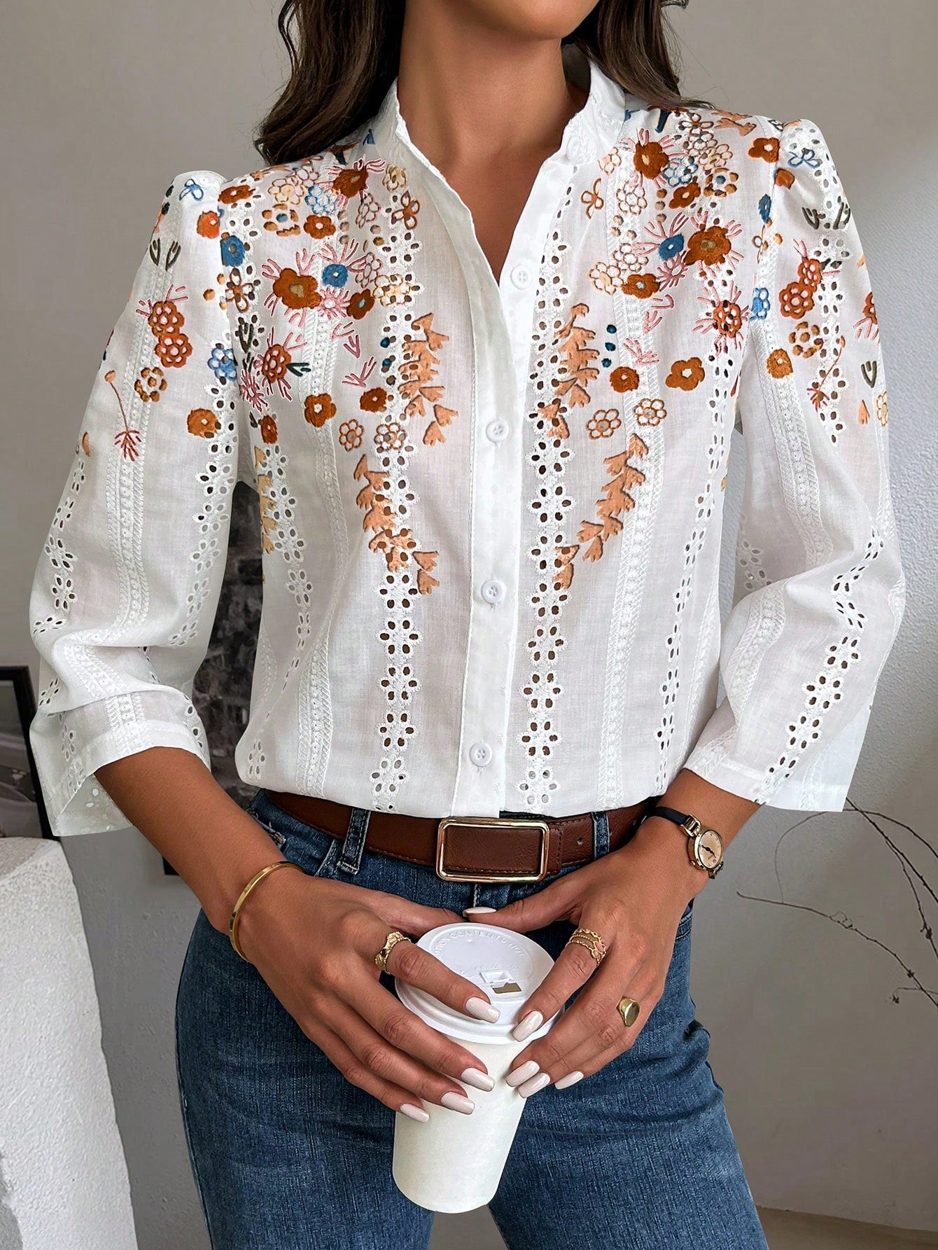 Clasi Floral Embroidery Button Front Shirt