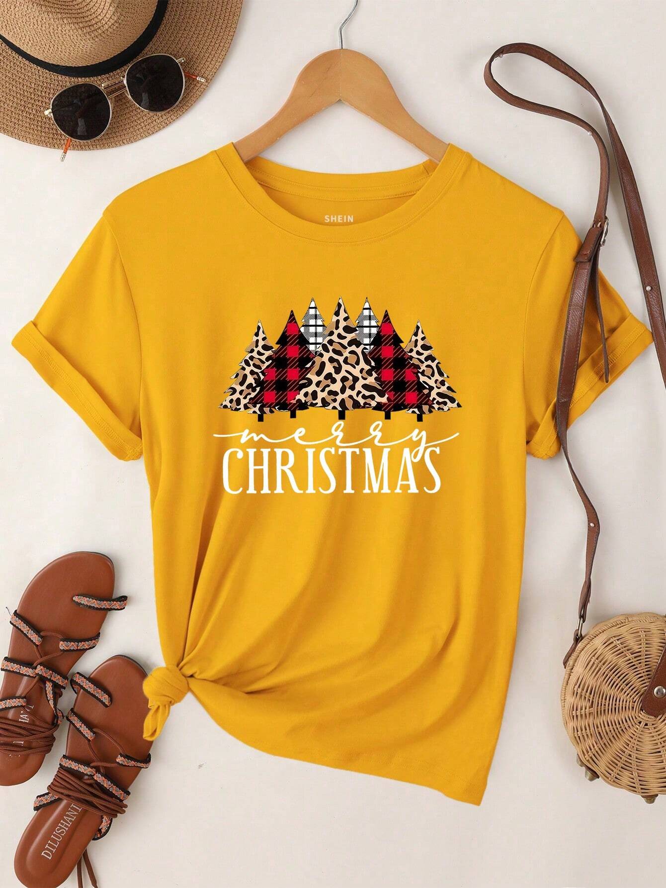 LUNE Women's Christmas Tree Print Short Sleeve T-Shirt