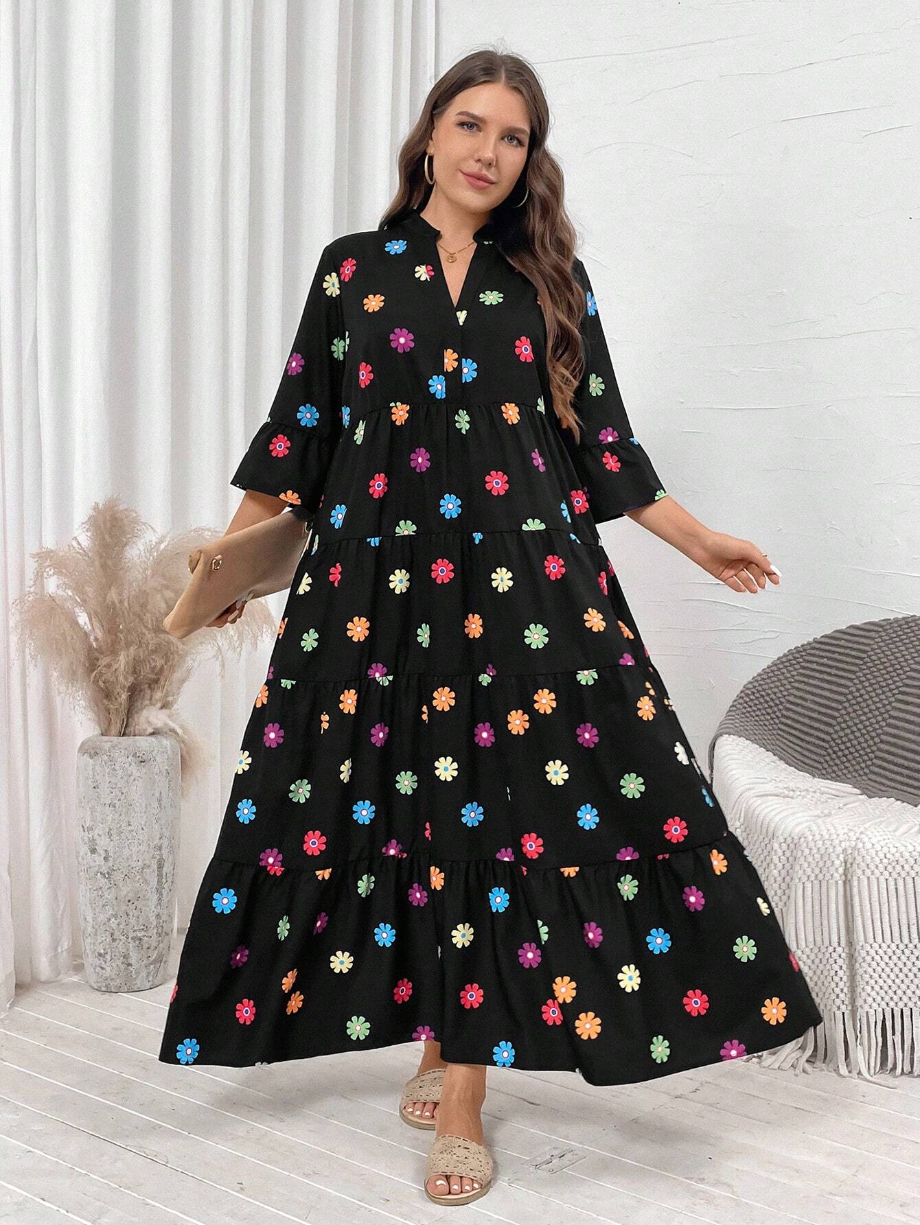 LUNE Plus Size Floral Allover Print Notched Neck Dress For Casual/Vacation Wear Christmas Women Clothes Christmas Dress