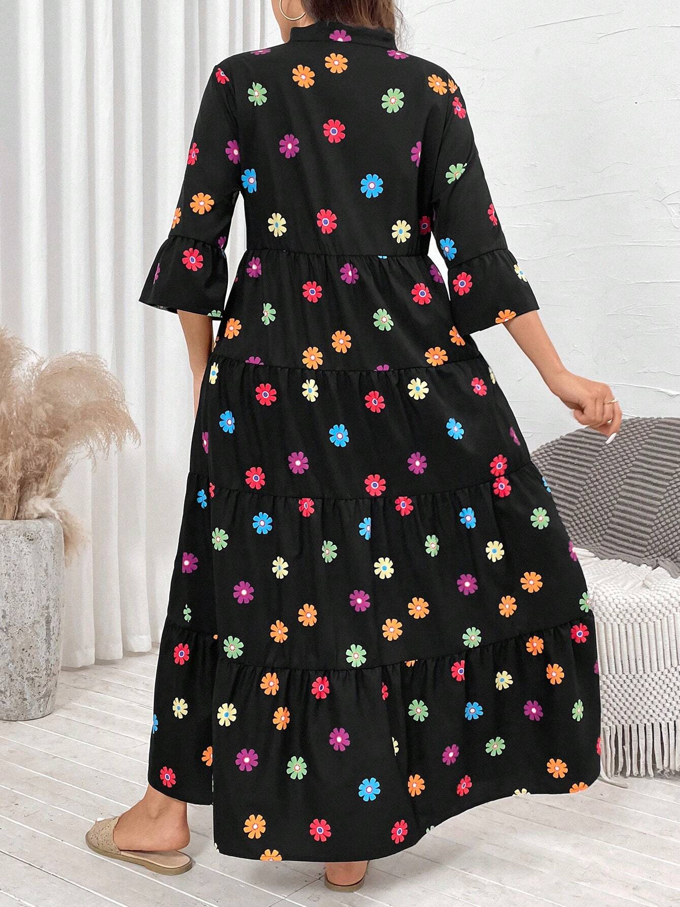 LUNE Plus Size Floral Allover Print Notched Neck Dress For Casual/Vacation Wear Christmas Women Clothes Christmas Dress