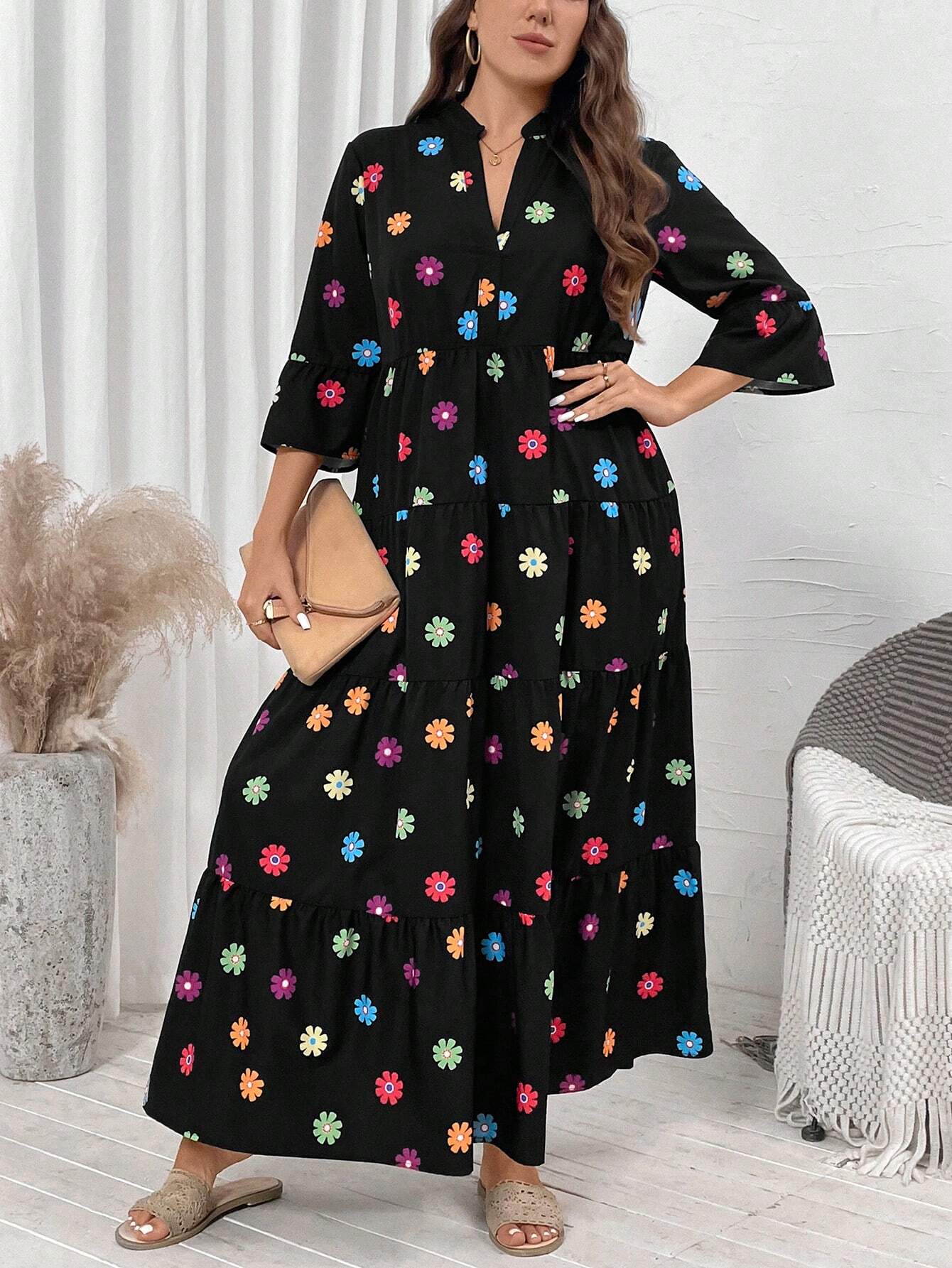 LUNE Plus Size Floral Allover Print Notched Neck Dress For Casual/Vacation Wear Christmas Women Clothes Christmas Dress