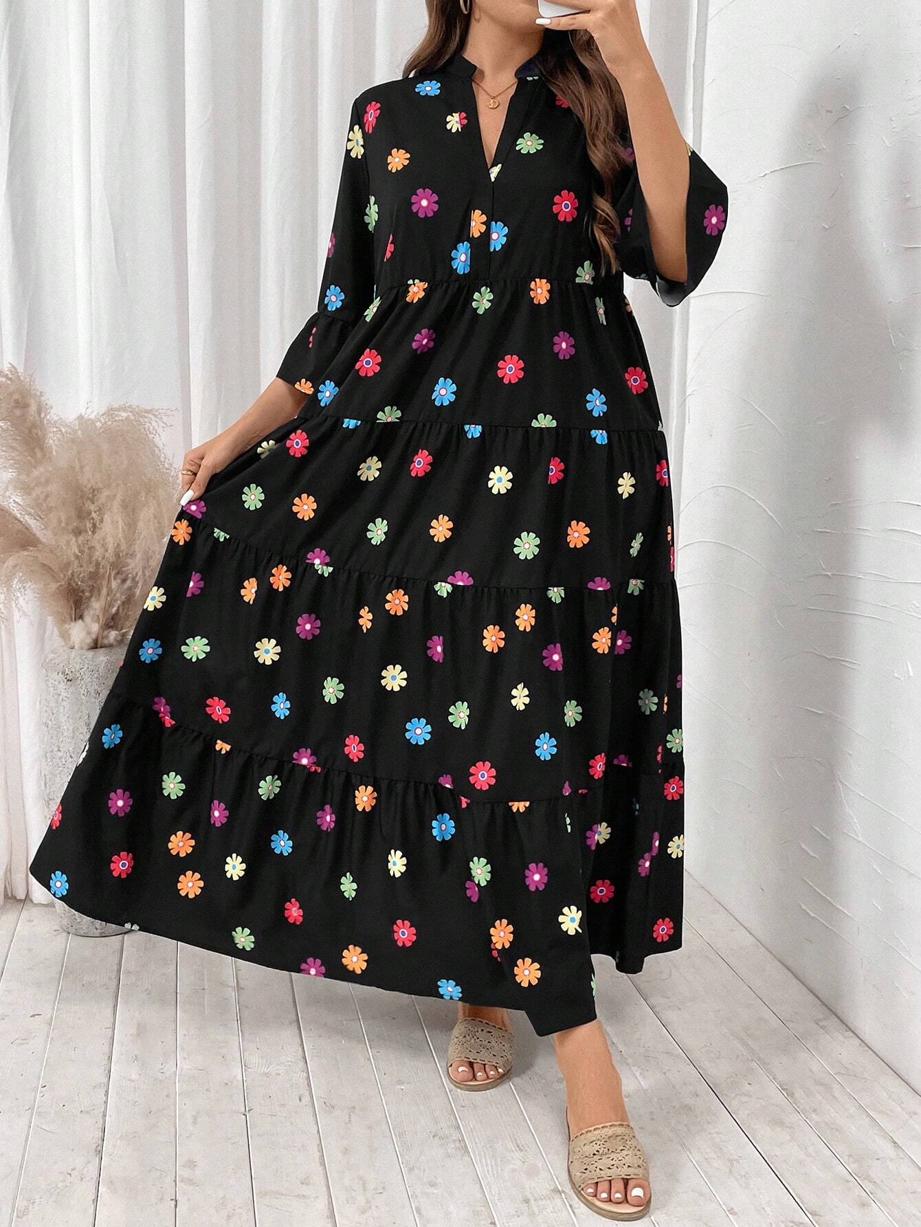 LUNE Plus Size Floral Allover Print Notched Neck Dress For Casual/Vacation Wear Christmas Women Clothes Christmas Dress