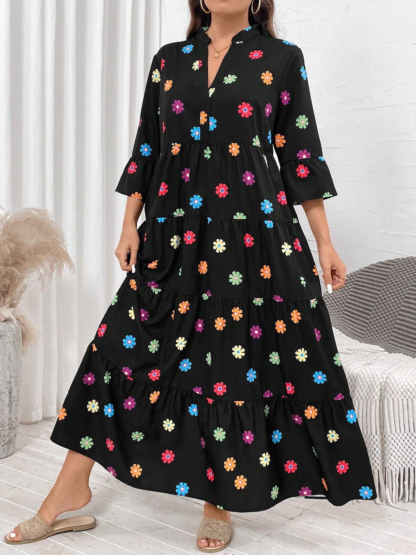 LUNE Plus Size Floral Allover Print Notched Neck Dress For Casual/Vacation Wear Christmas Women Clothes Christmas Dress