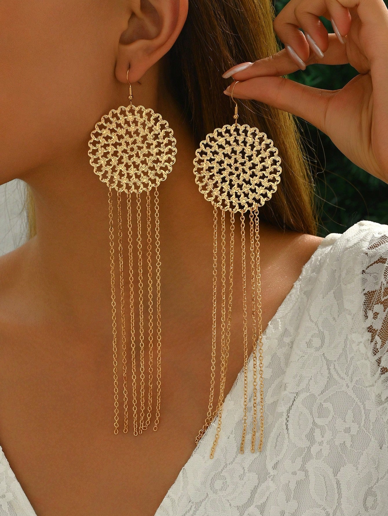 1pair New Fashion Hollowed-Out Flower Chain & Tassel Earrings For Daily & Party Wear