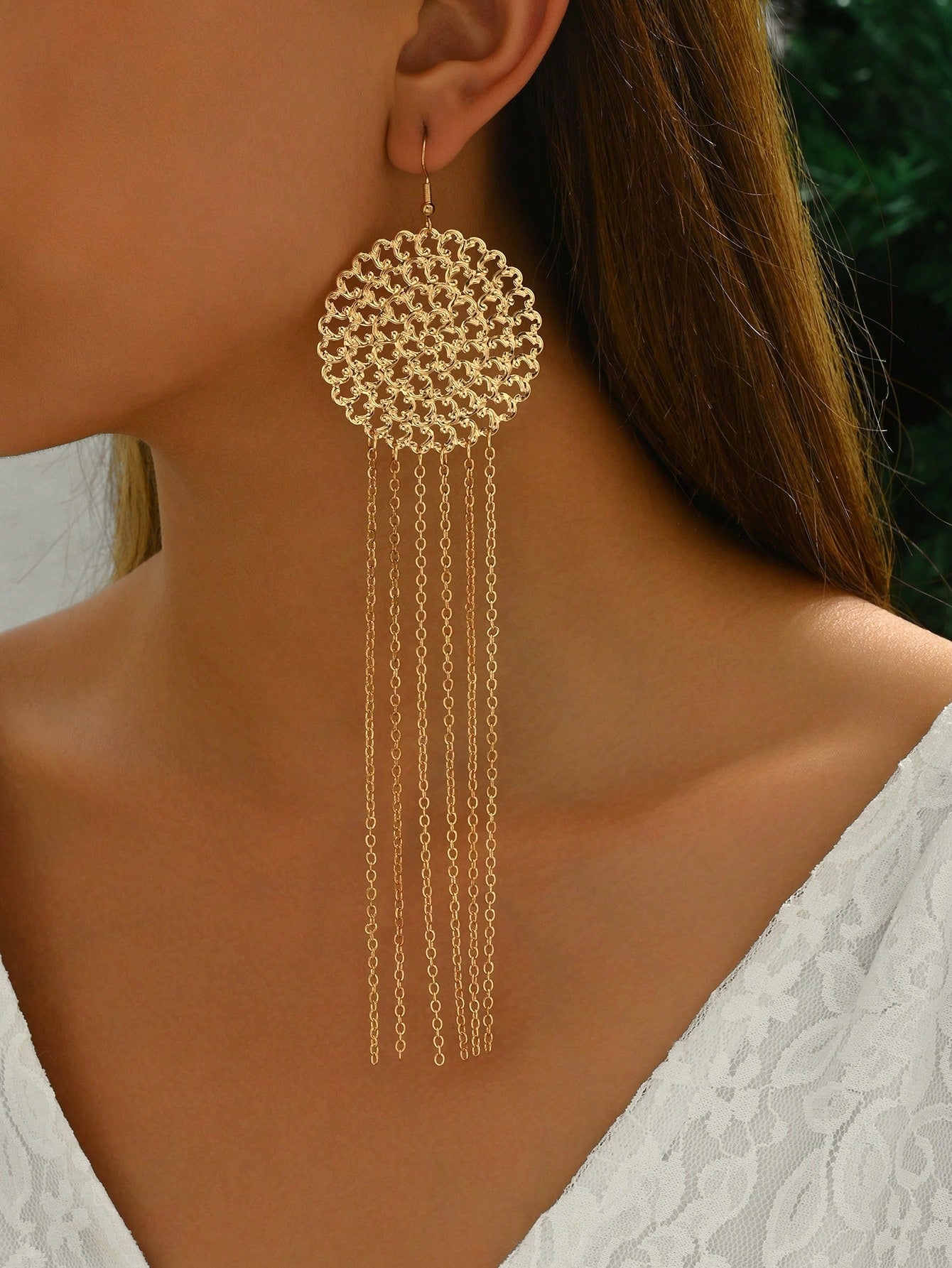 1pair New Fashion Hollowed-Out Flower Chain & Tassel Earrings For Daily & Party Wear