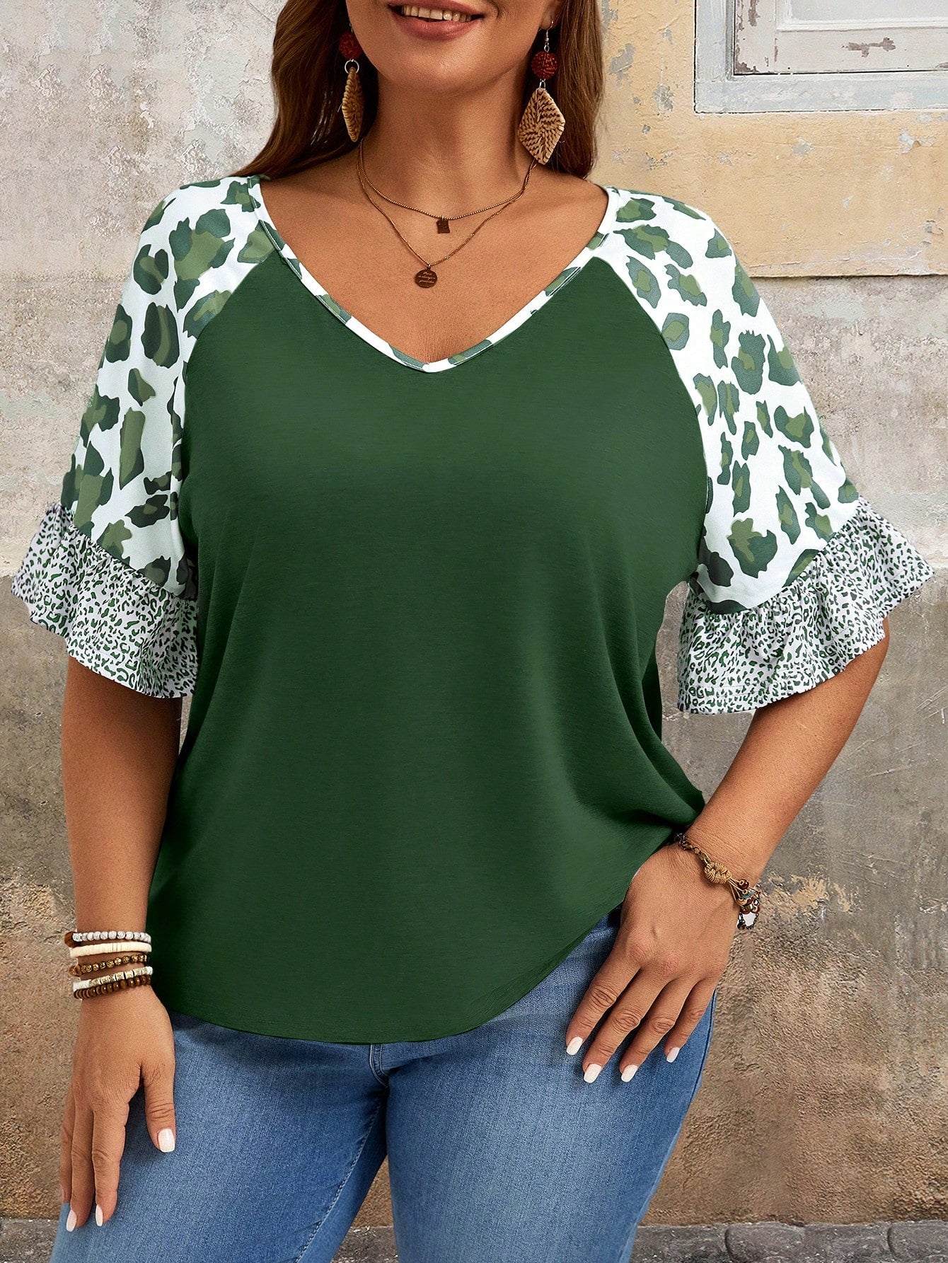 EMERY ROSE Plus Size Summer Casual Leopard Print Patchwork T-Shirt