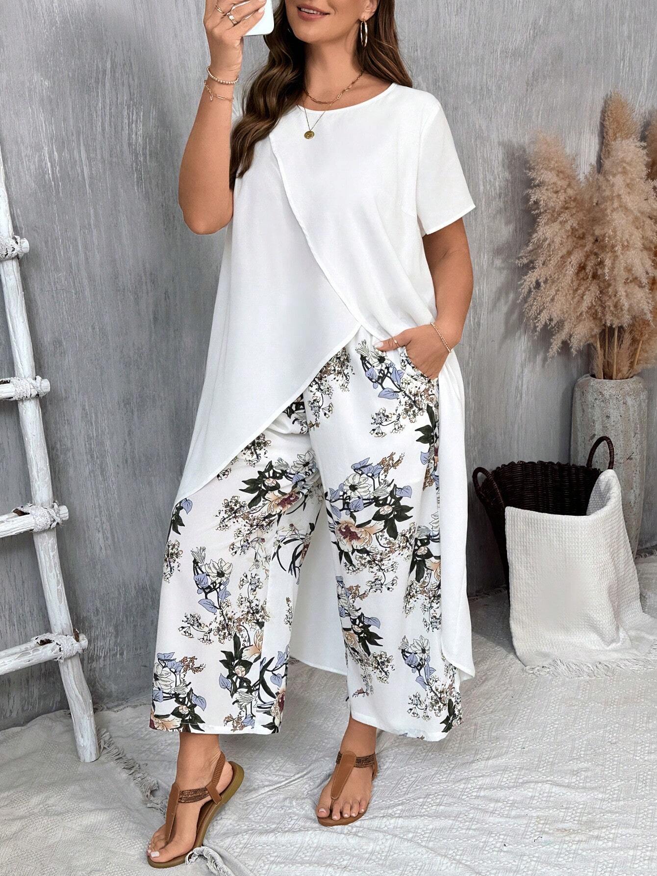 VCAY Plus Size Long Tail Vacation Short Sleeve Shirt & Flower Print Long Pants Set