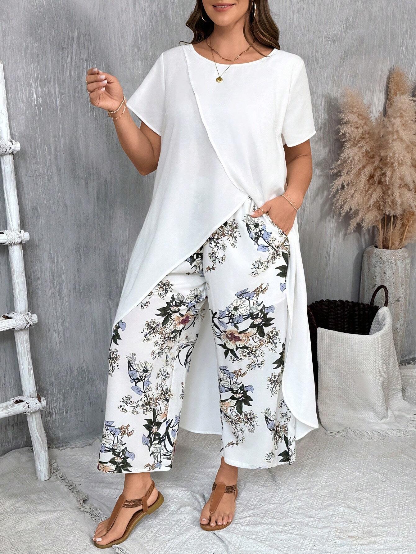 VCAY Plus Size Long Tail Vacation Short Sleeve Shirt & Flower Print Long Pants Set