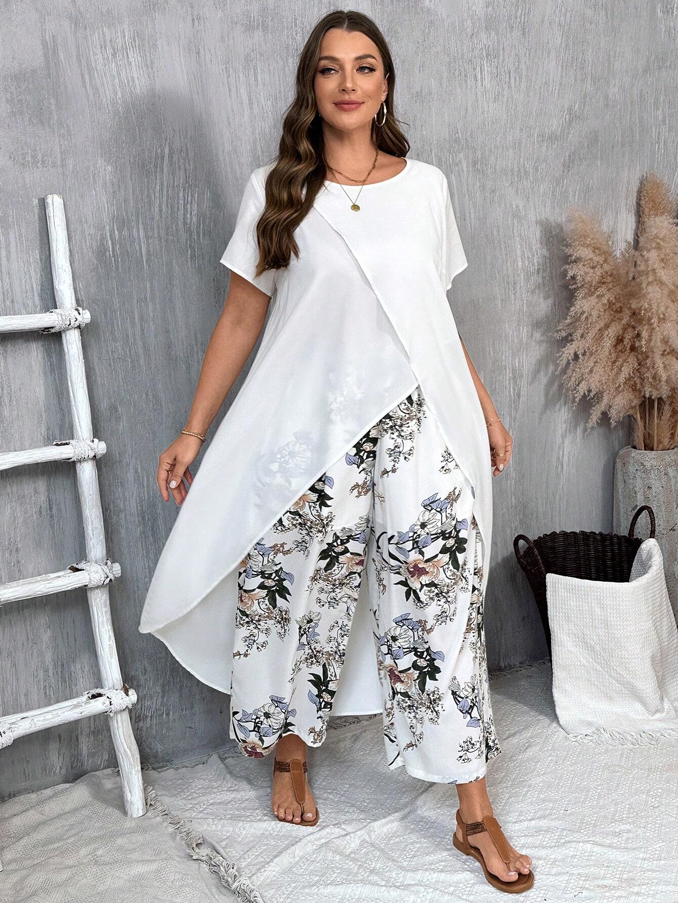 VCAY Plus Size Long Tail Vacation Short Sleeve Shirt & Flower Print Long Pants Set