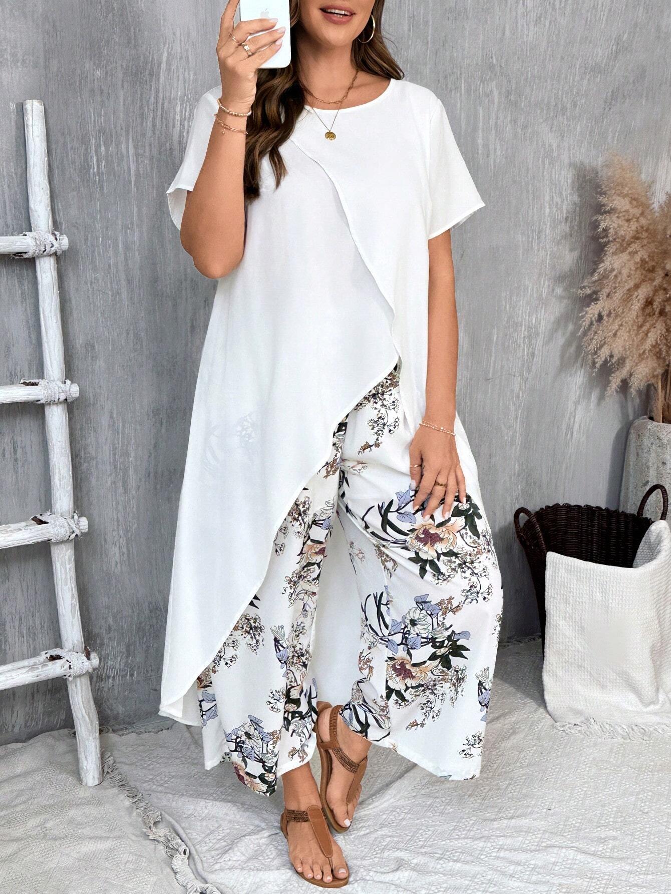 VCAY Plus Size Long Tail Vacation Short Sleeve Shirt & Flower Print Long Pants Set