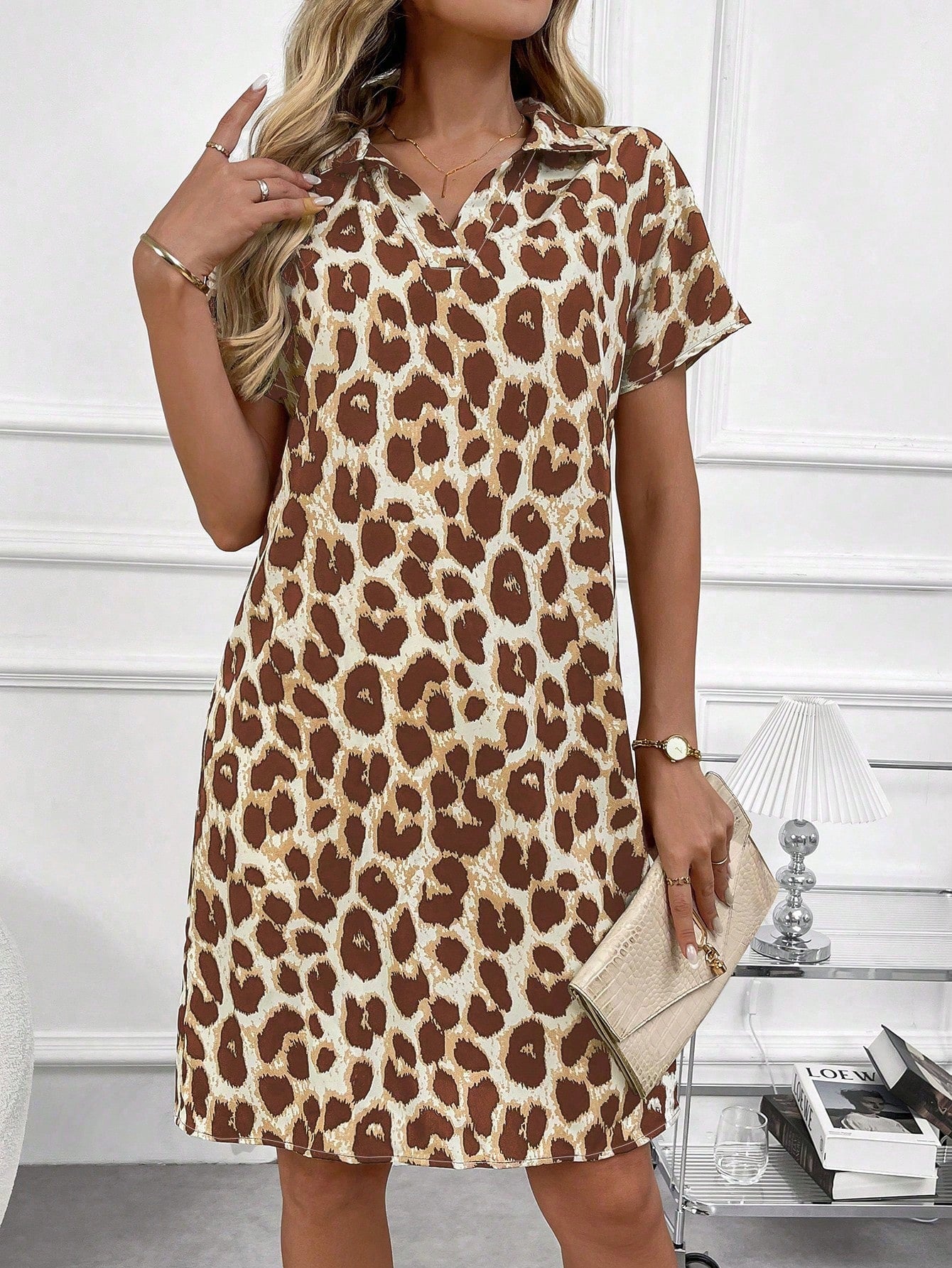 EMERY ROSE Leopard Print Casual Batwing Sleeve Dress, Summer