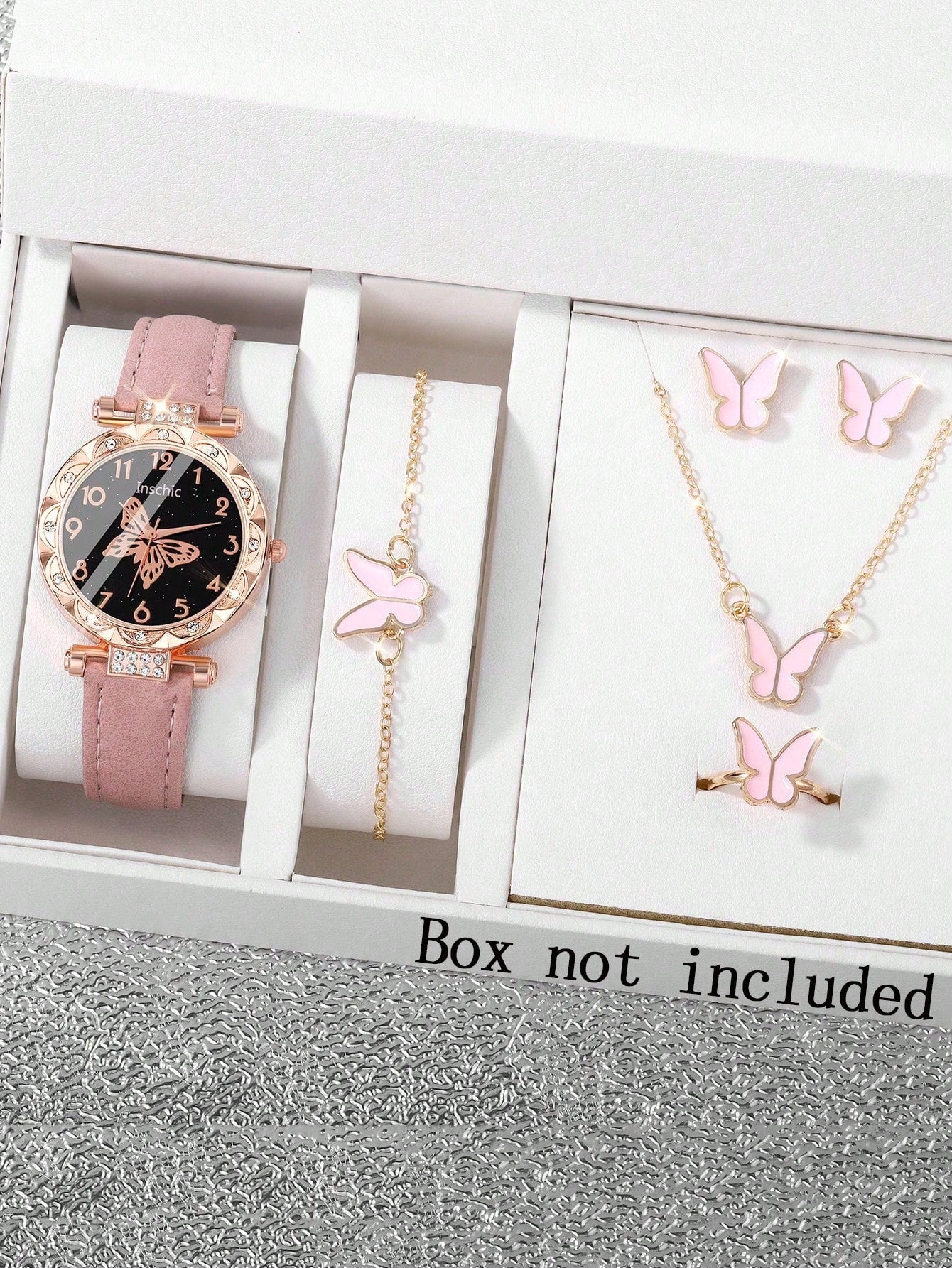 5pcs Elegant And Lovely Girls Quartz Watch Pink Butterfly Round Dial Quartz Watch For Women The Best Butterfly Necklace Earrings Bracelet Jewelry Watch Set As A Gift For Friends Halloween Christmas Gift Thanksgiving