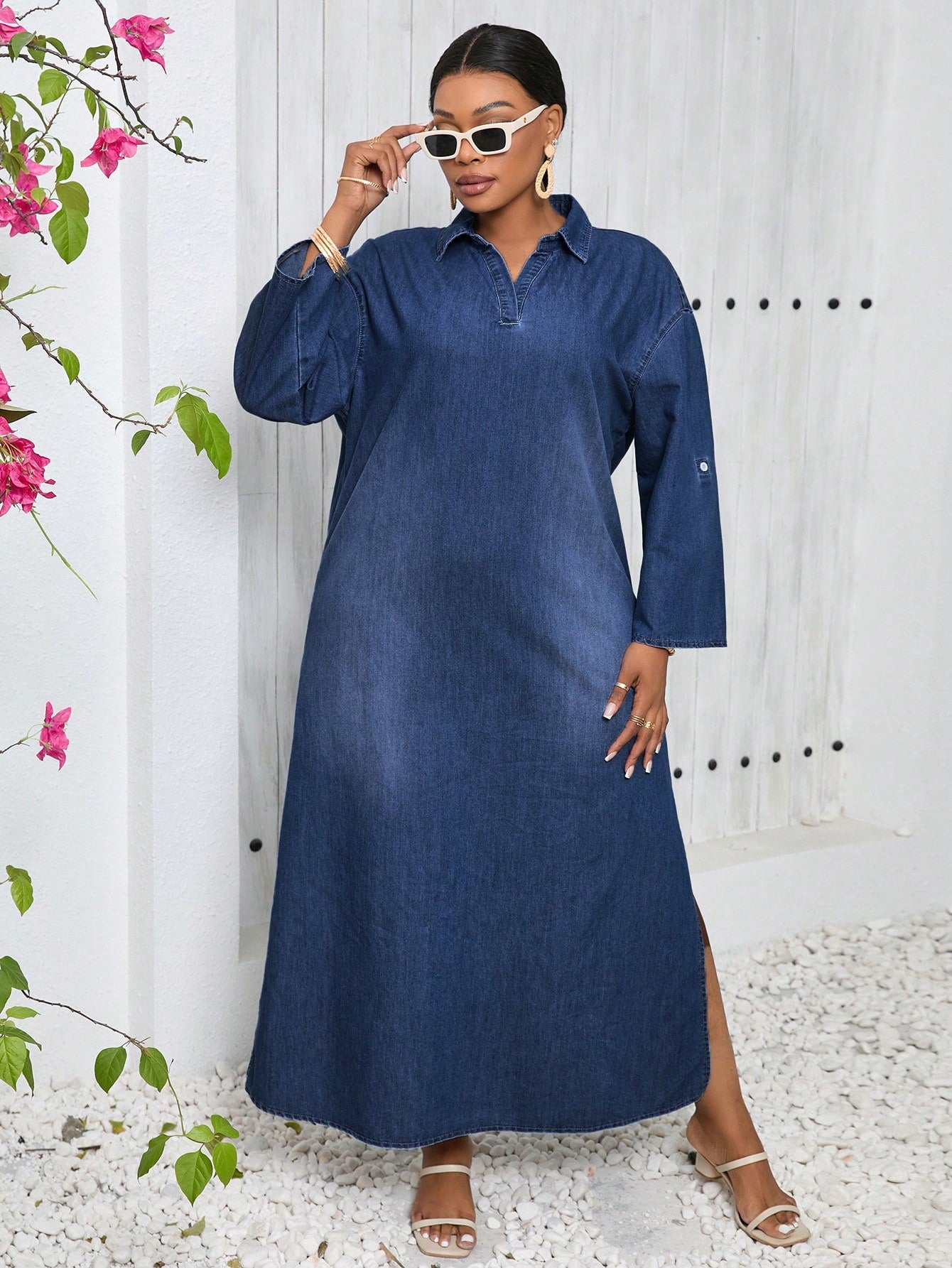 SXY Plus Size Casual Loose Sexy V-Neck Blue Denim Dress