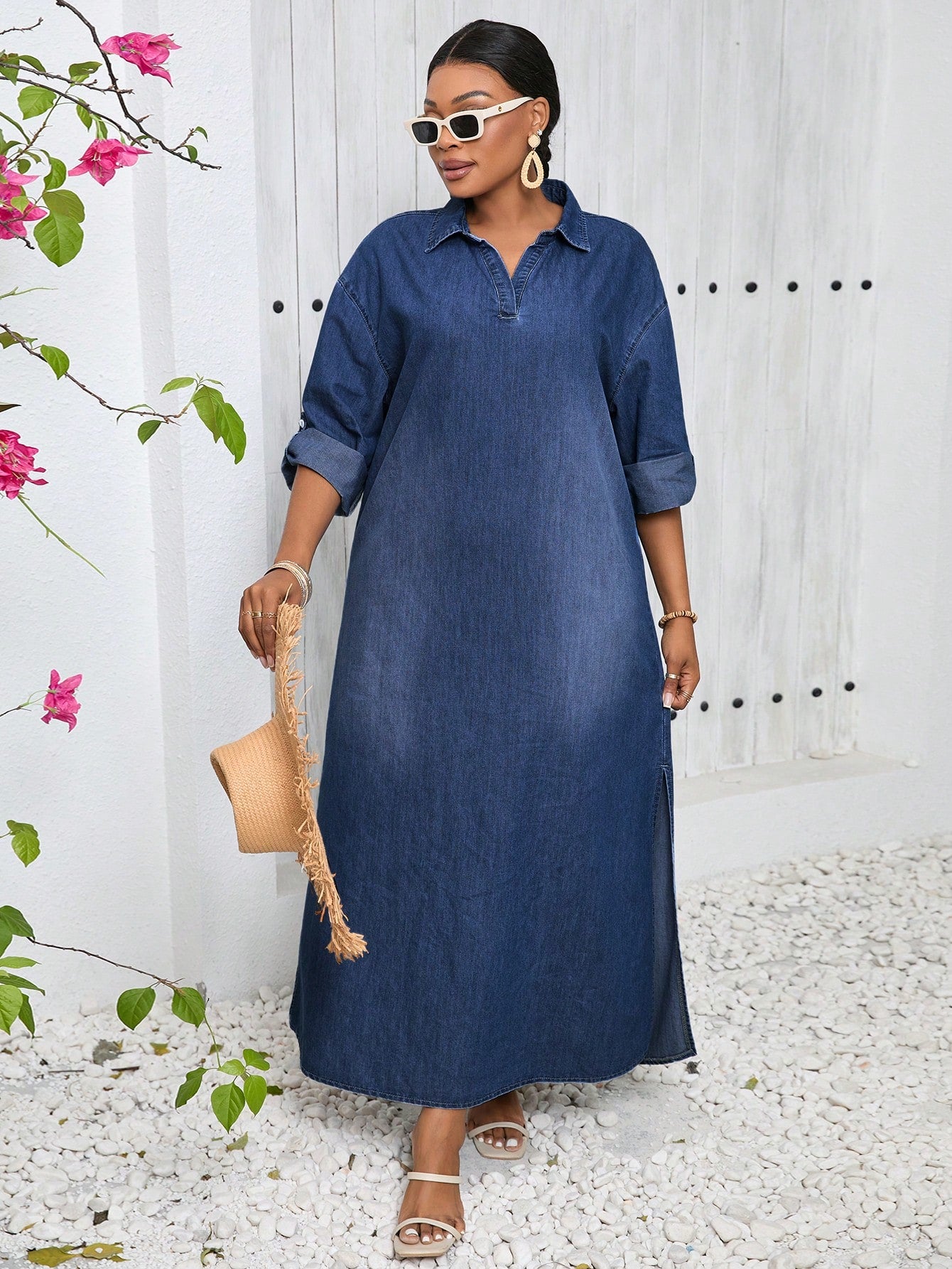 SXY Plus Size Casual Loose Sexy V-Neck Blue Denim Dress