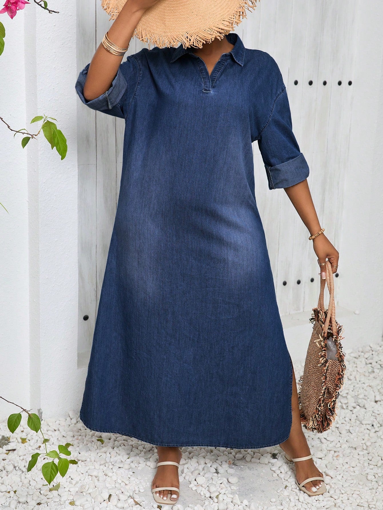 SXY Plus Size Casual Loose Sexy V-Neck Blue Denim Dress