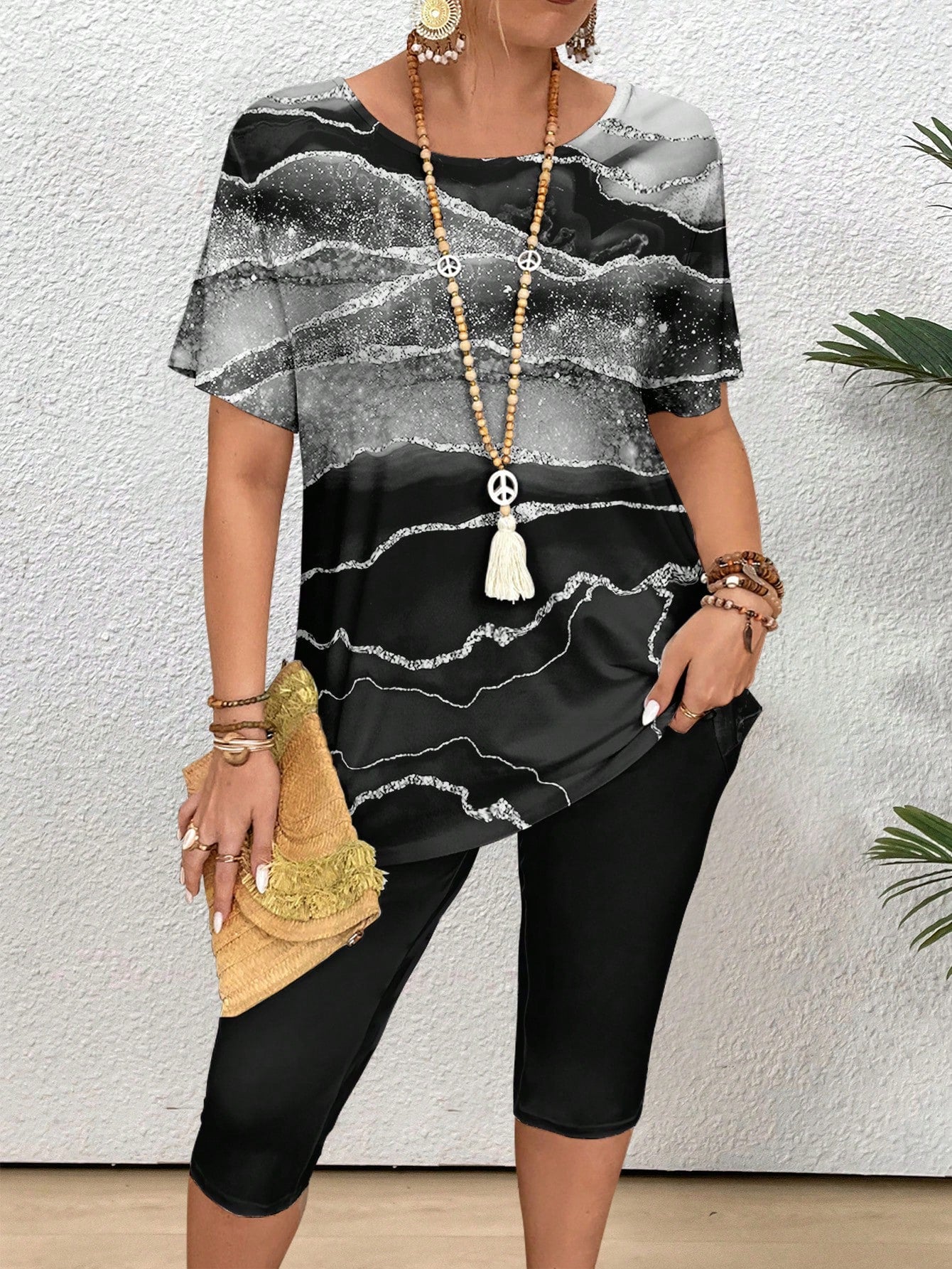 Summer Casual Marble Print Short Sleeve T-Shirt And Leggings 2-Piece Set For Plus Size Women