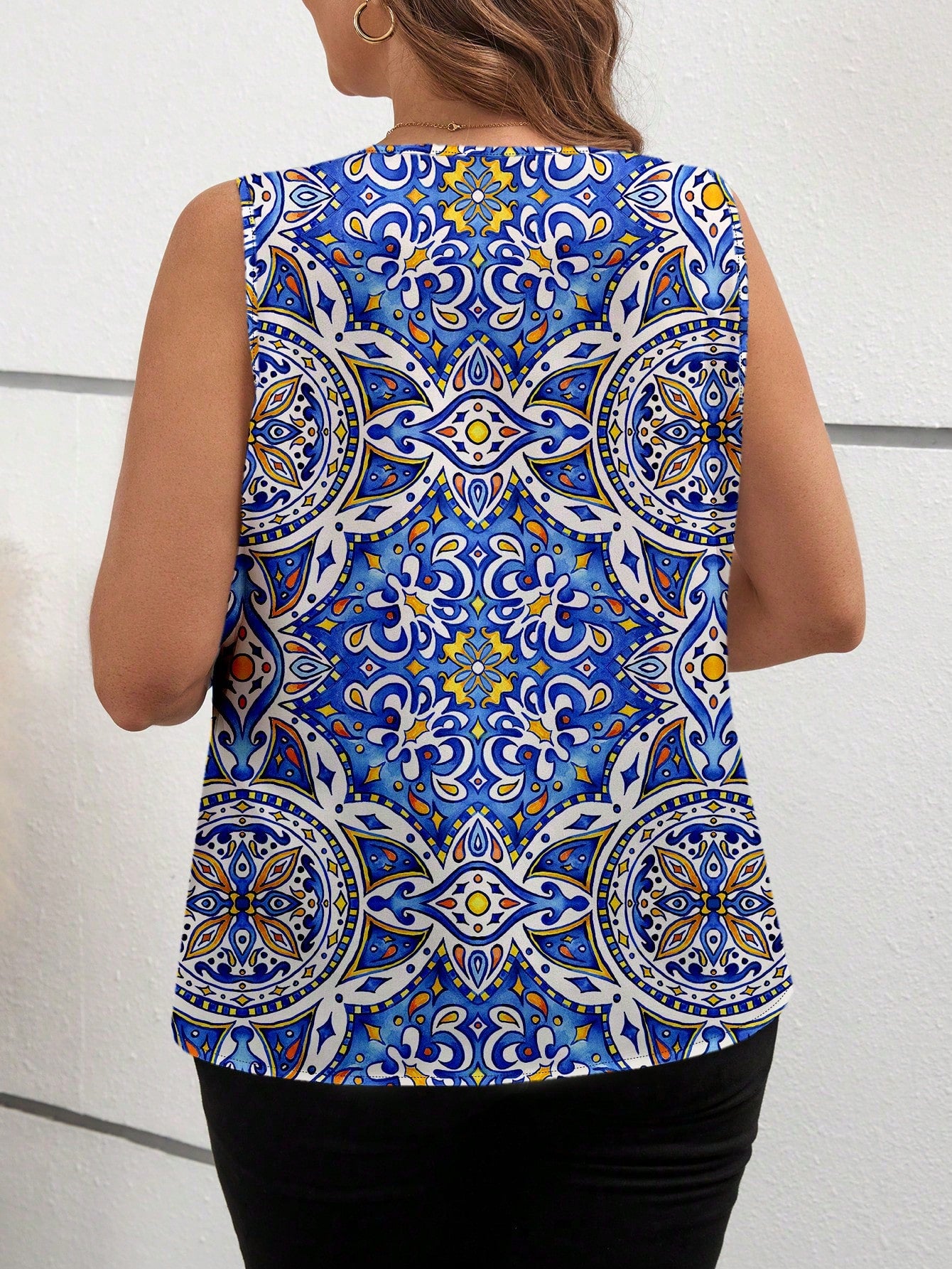 Marina Oliveira Artist Plus Sizev Elegant Sleeveless Retro Print Women Blouse