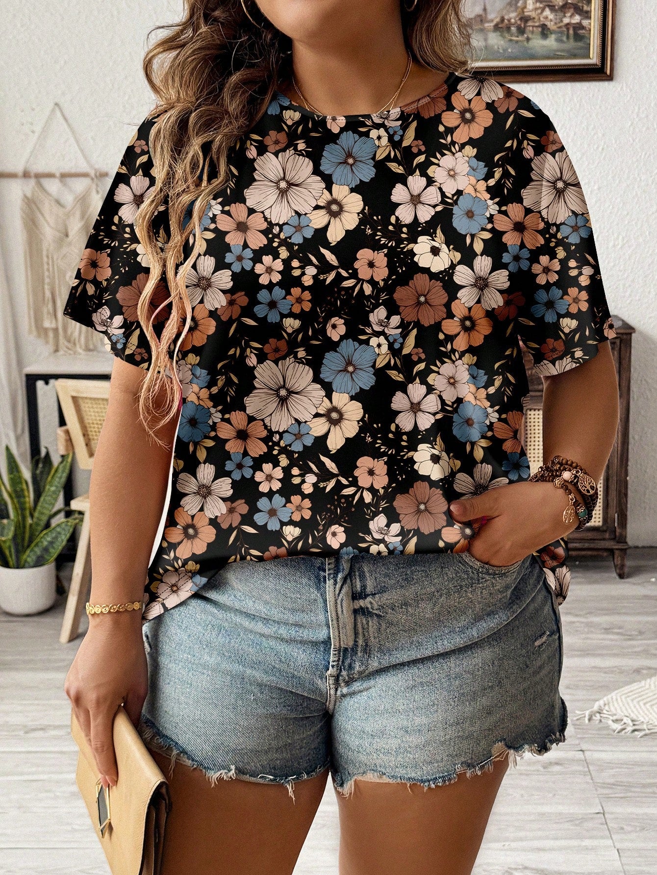 LUNE Casual Floral Pattern Loose Fit Round Neck Short Sleeve Plus Size T-Shirt, Summer