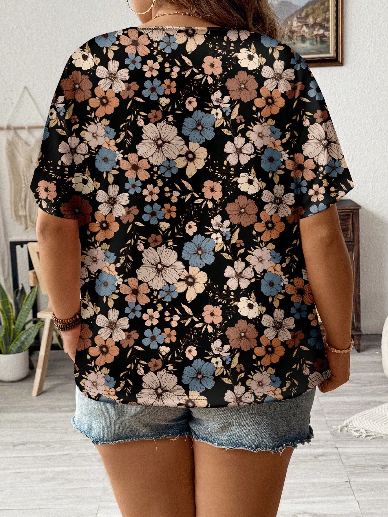 LUNE Casual Floral Pattern Loose Fit Round Neck Short Sleeve Plus Size T-Shirt, Summer