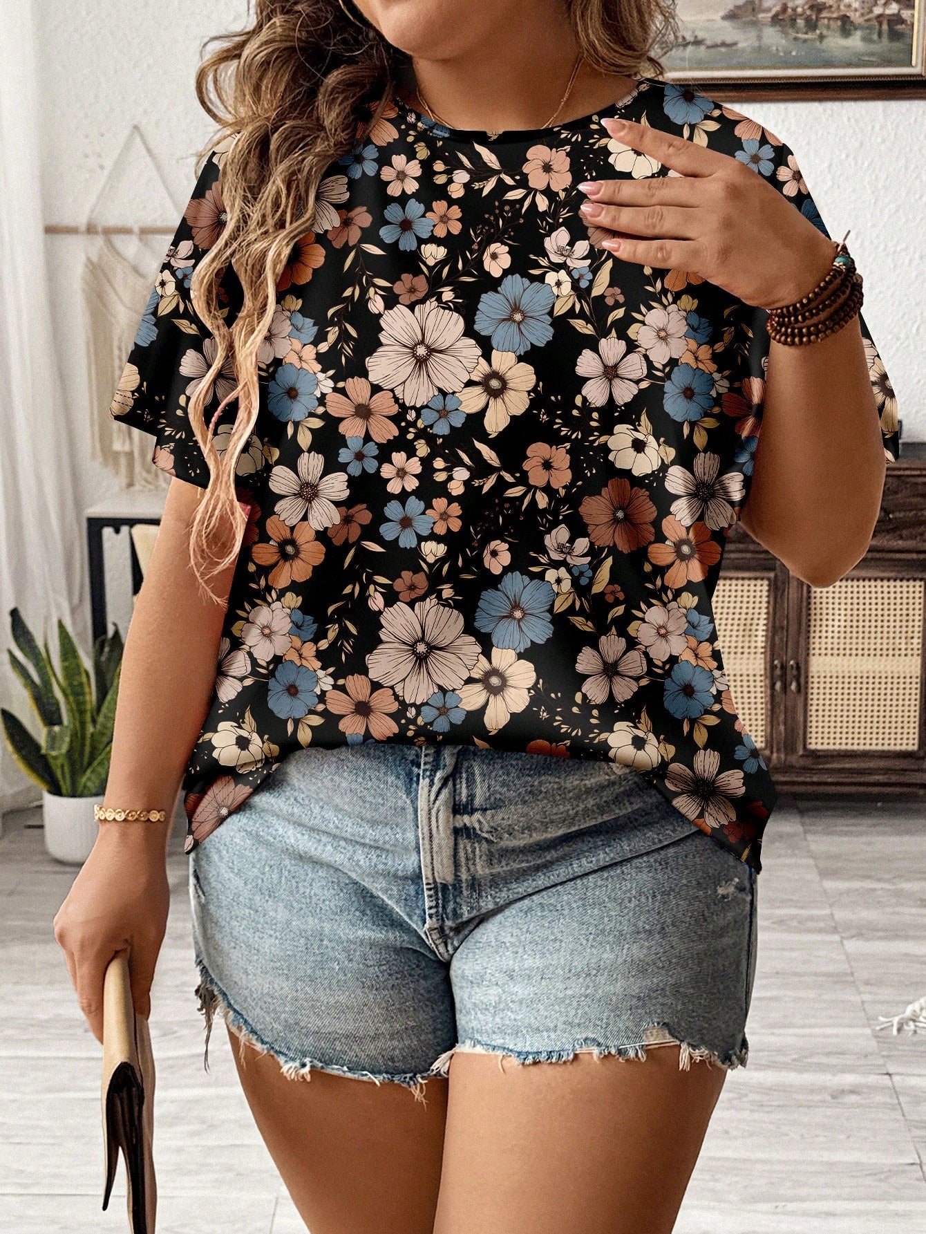 LUNE Casual Floral Pattern Loose Fit Round Neck Short Sleeve Plus Size T-Shirt, Summer