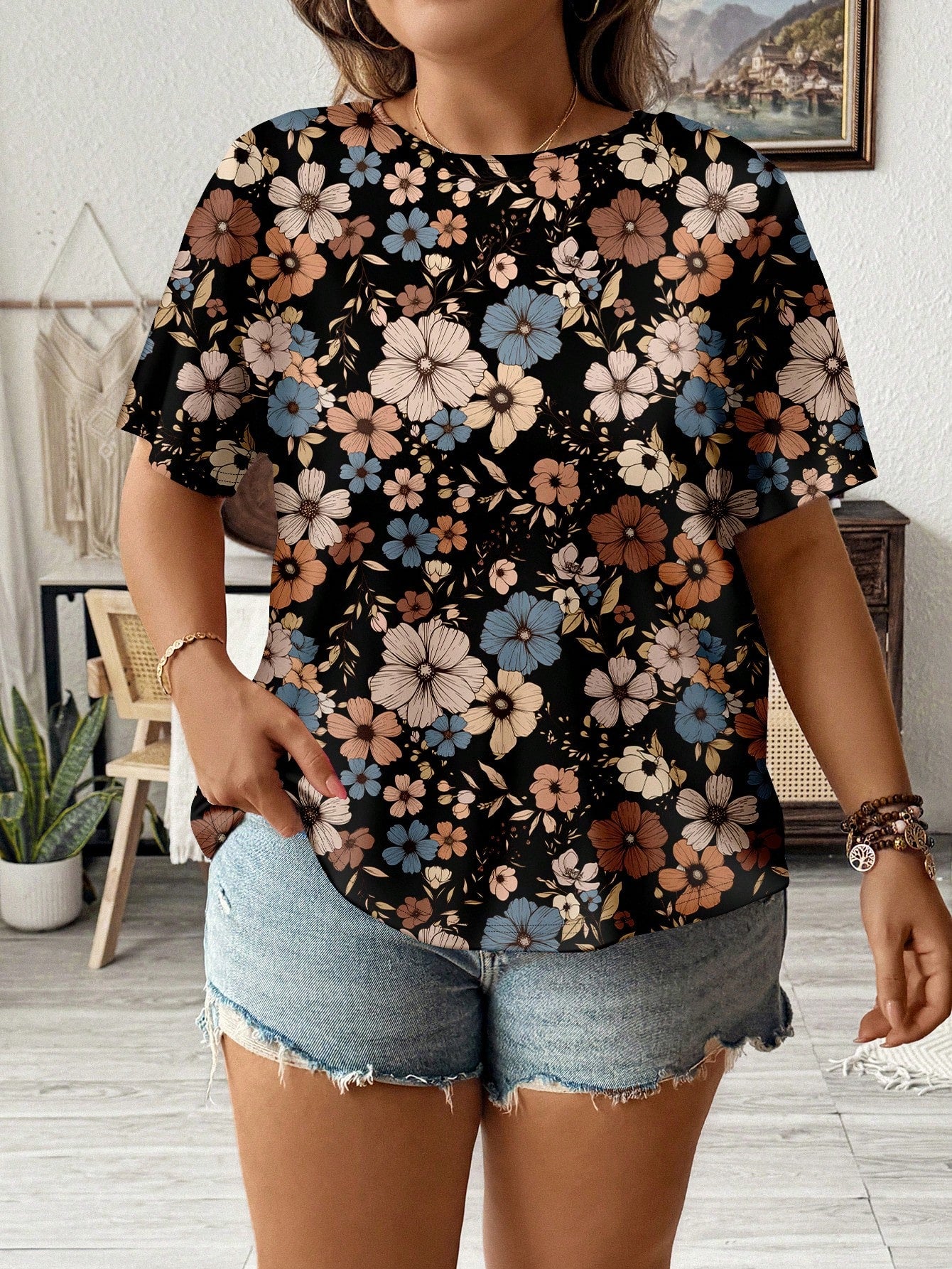 LUNE Casual Floral Pattern Loose Fit Round Neck Short Sleeve Plus Size T-Shirt, Summer