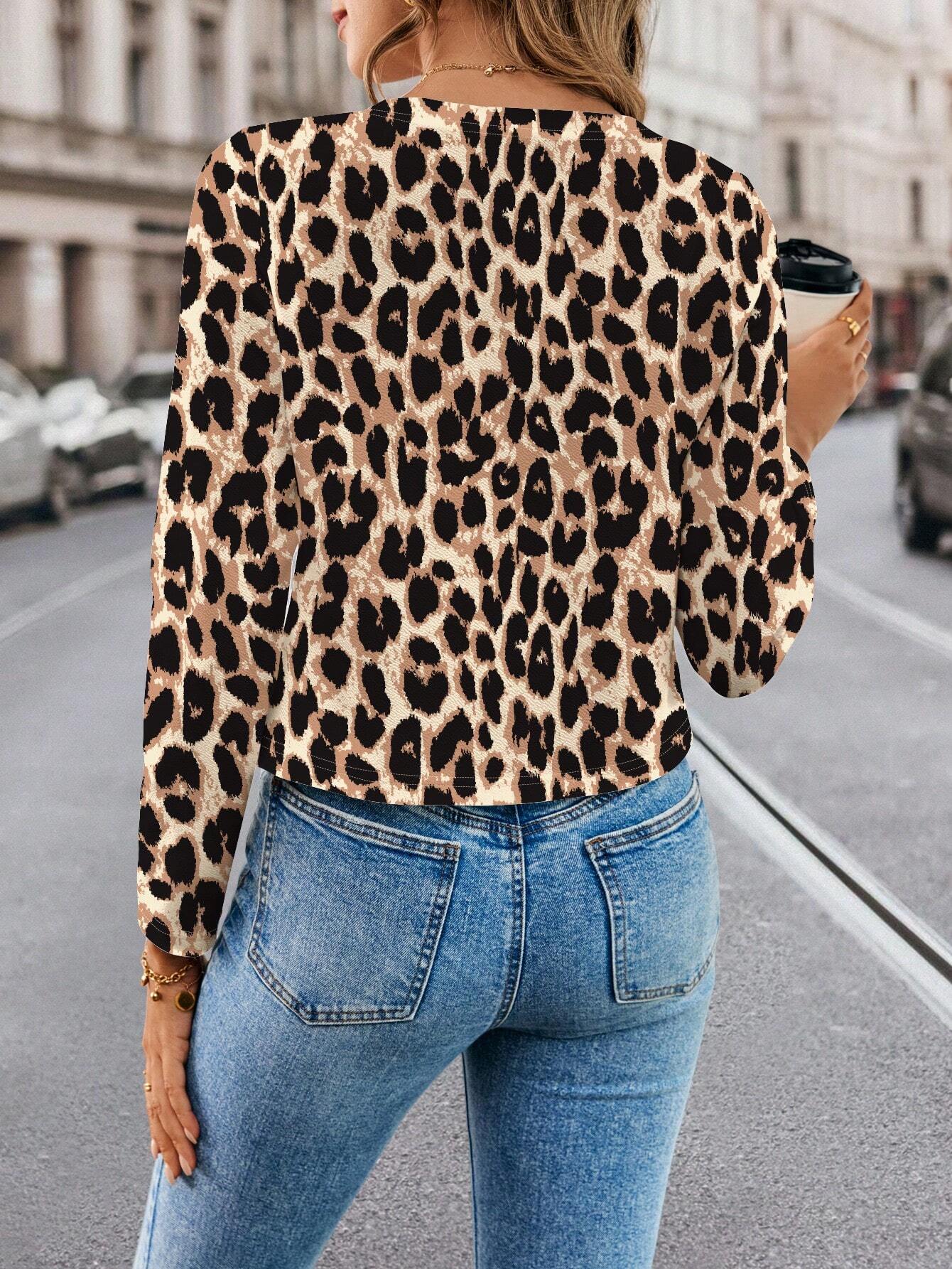 Clasi 1pc Casual Simple Leopard Print Loose Fit Long Sleeve Women Jacket, Suitable For Autumn