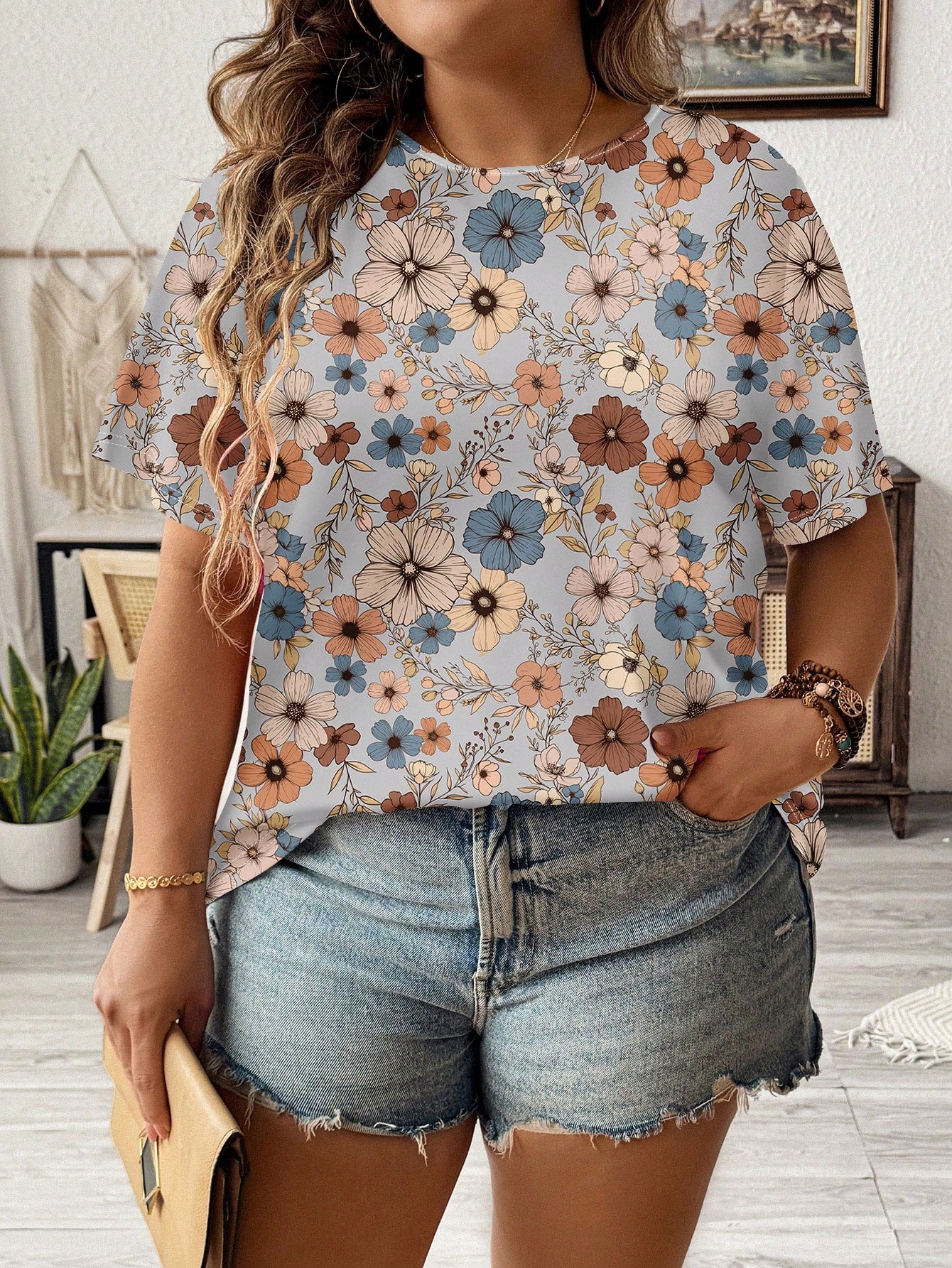 LUNE Casual Floral Pattern Loose Fit Round Neck Short Sleeve Plus Size T-Shirt, Summer