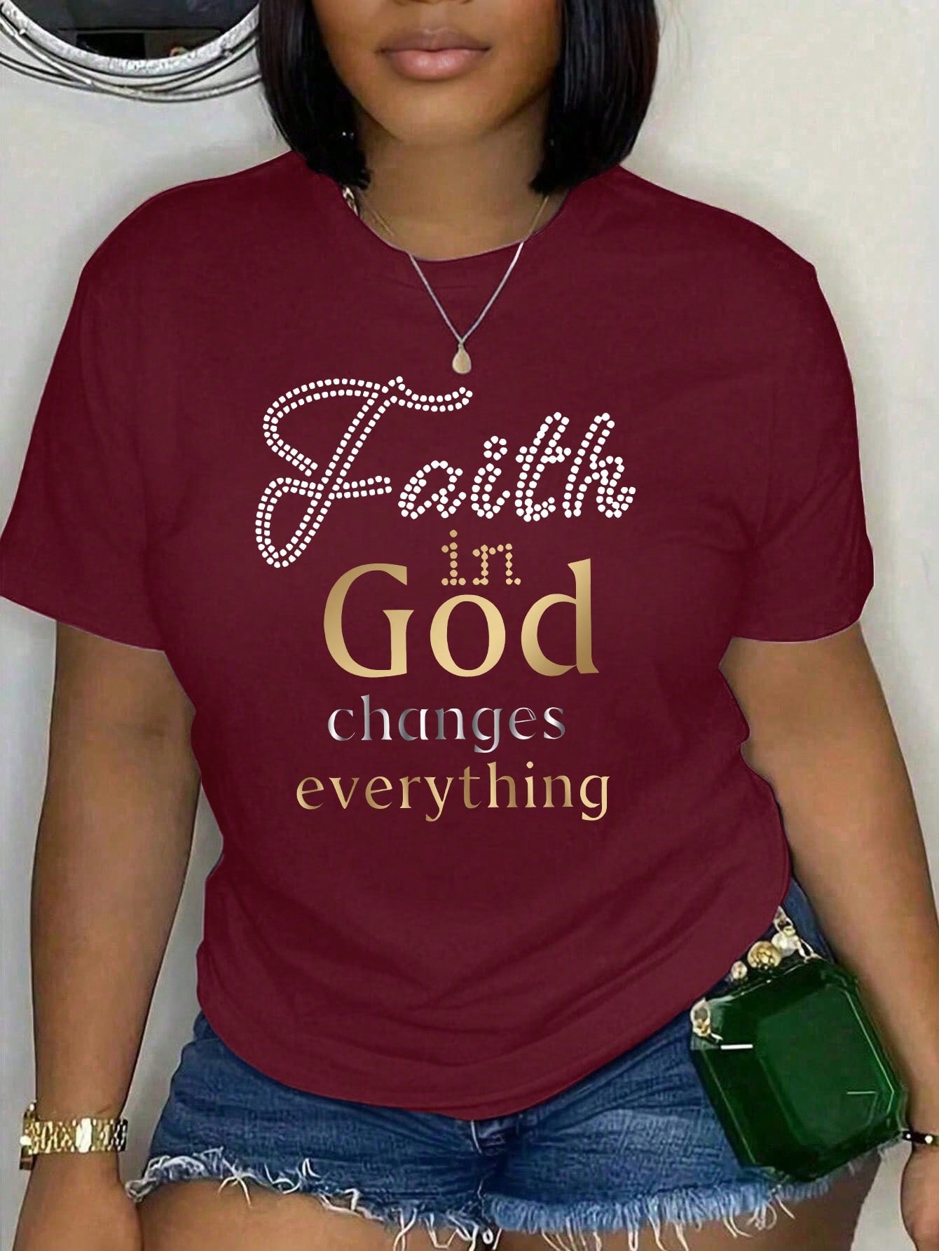 Slayr Plus Size Women's Faith In God Changes Everything Letter Print T-Shirt Casual Sports Fashion Short Sleeve Top Streetwear Inspirational Clothing